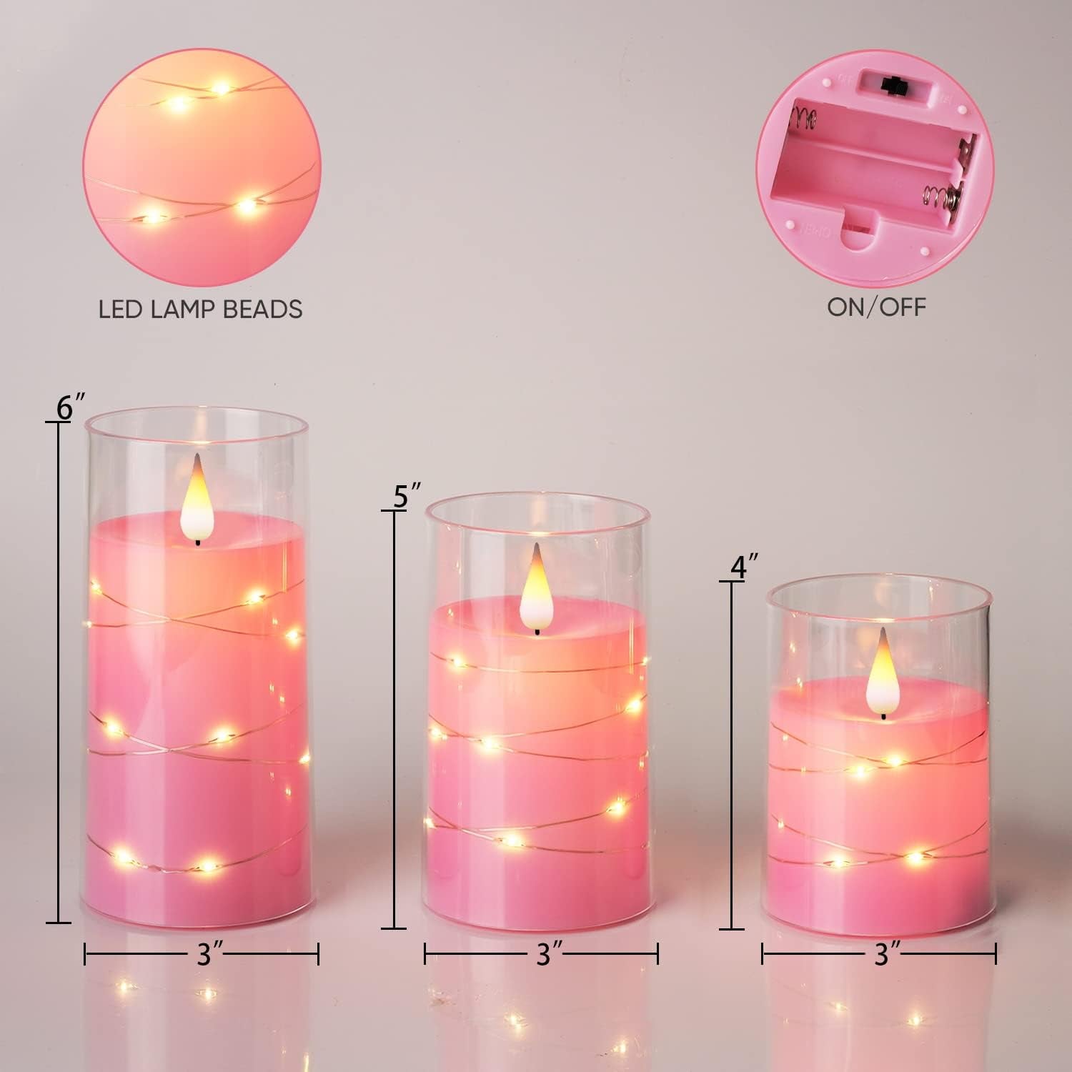 Flickering Flameless Candles with String Lights, Battery Operated Candles, Embedded String Lights LED Candles, Unbreakable Plexiglass Candle with Remote, Set of 3, Pink