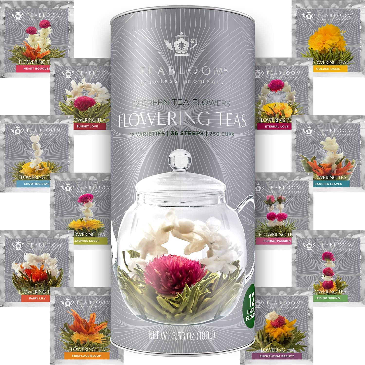 Flowering Tea - 12 Unique Varieties of Fresh Blooming Tea Flowers - Hand-Tied Natural Green Tea Leaves & Edible Flowers - 12-Pack Gift Canister - 36 Steeps, Makes 250 Cups