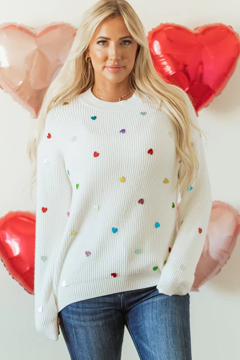 Valentine Heart Sequin Ribbed Knit Crewneck Sweate