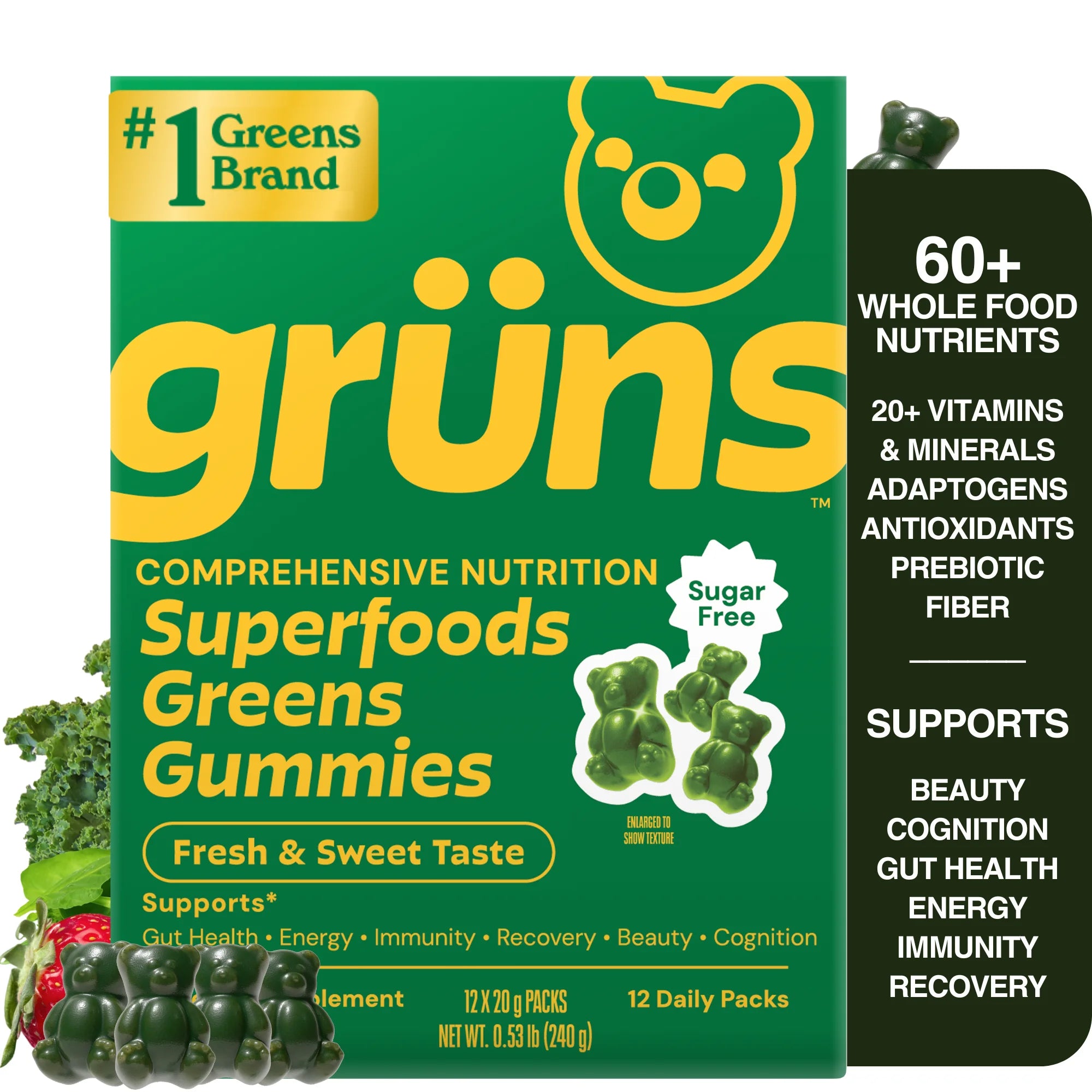 Grüns Daily Wellness Gummies | 60 Organic Ingredients & 21+ Vitamins | Gruns Vitamins with Prebiotics & Fiber | 12 Servings 