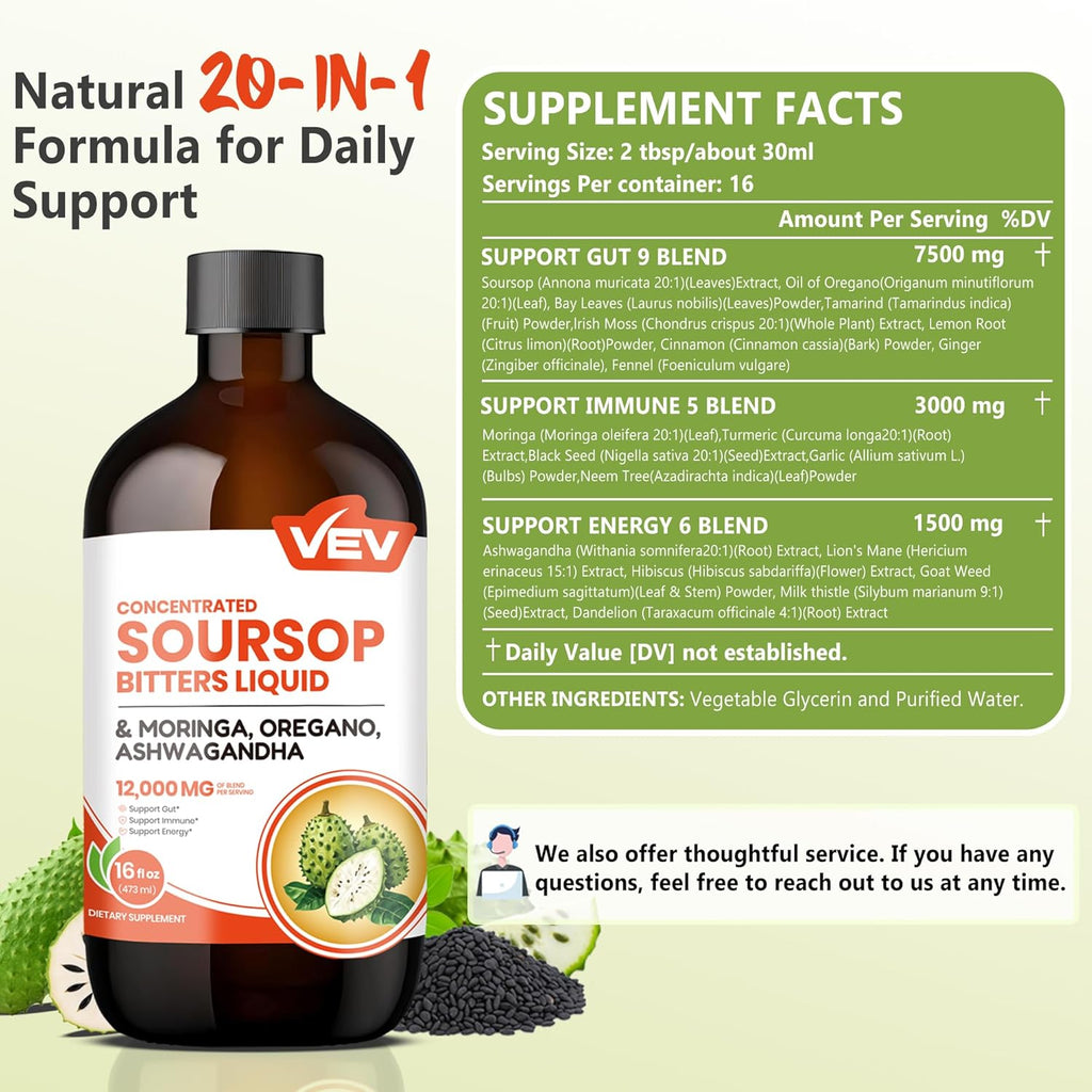 VEV Soursop Bitters Liquid, Graviola Extract Sugar-Free Formula, 20 in 1, with Black Seed, Moringa & Oregano, Digestive Health & Immune Function, Stress Relief, Sleep Support, Vegan -16 Oz