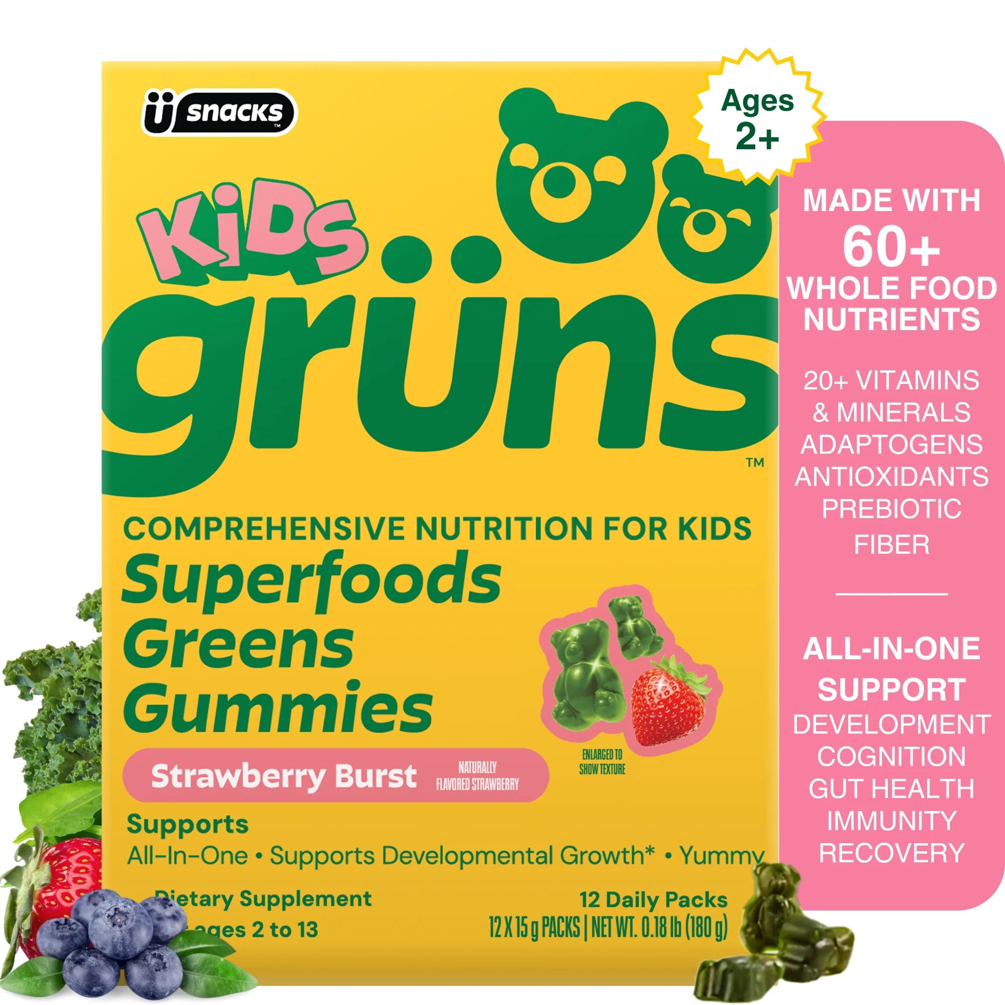 Grüns Daily Wellness Gummies for Kids | 21 Essential Vitamins & Minerals | 60 Organic Ingredients | Prebiotic & Fiber Support | Ages 2+ | 12 Servings
