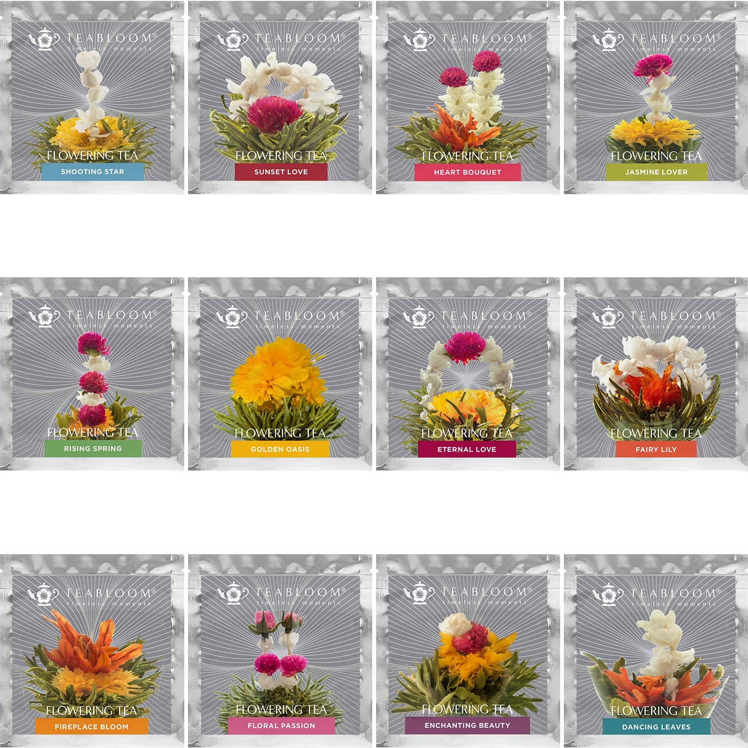 Flowering Tea - 12 Unique Varieties of Fresh Blooming Tea Flowers - Hand-Tied Natural Green Tea Leaves & Edible Flowers - 12-Pack Gift Canister - 36 Steeps, Makes 250 Cups