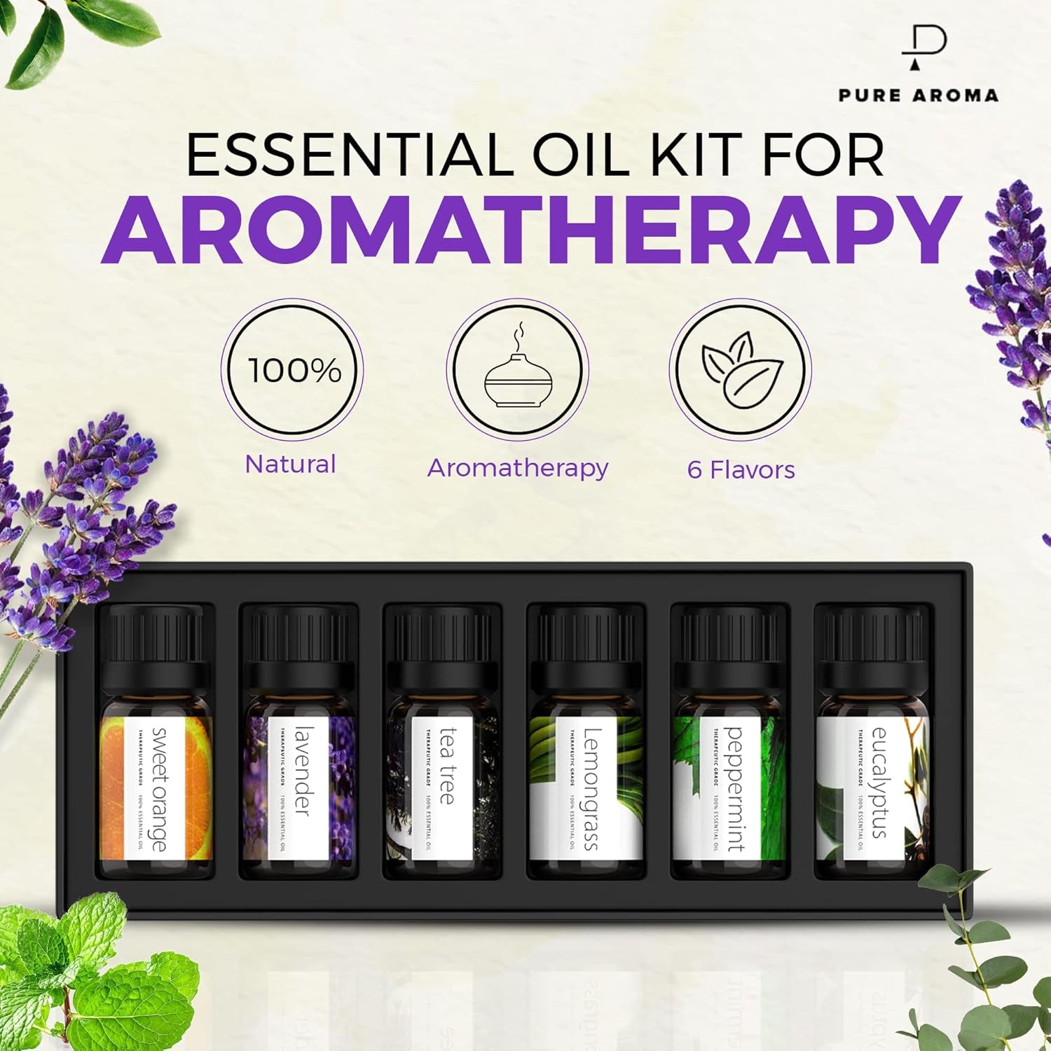 Essential Oils Set by  - Top 6 Aromatherapy Oils Gift Set-6 Pack, 10Ml (Eucalyptus, Lavender, Lemongrass, Sweet Orange, Peppermint, Tea Tree)