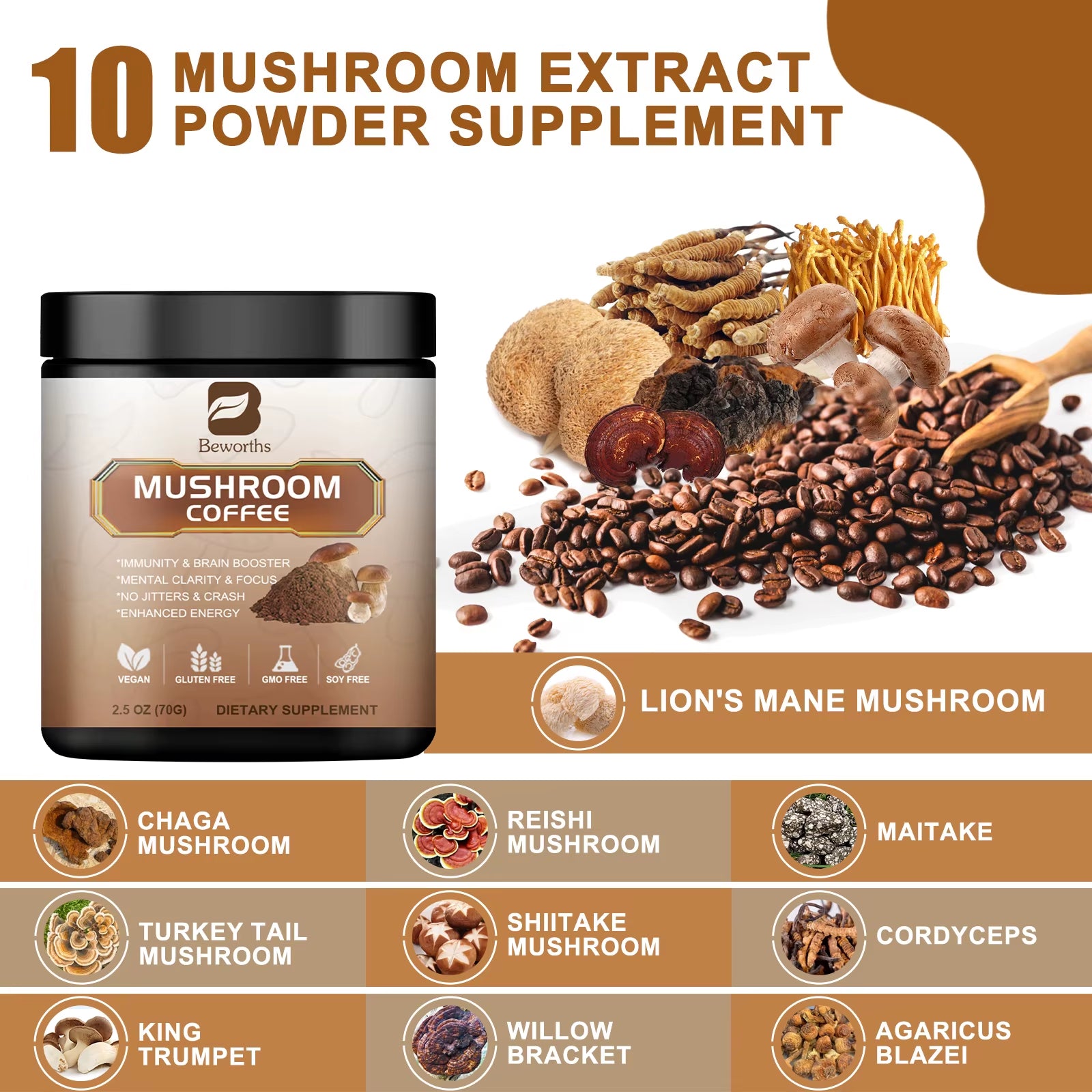 BWEORTHS 250G Mushroom Coffee Mixed Reishi & Lion'S Mane Mushrooms Support Immunity and Focus Health Boost Memory NO-GMO 10 in 1