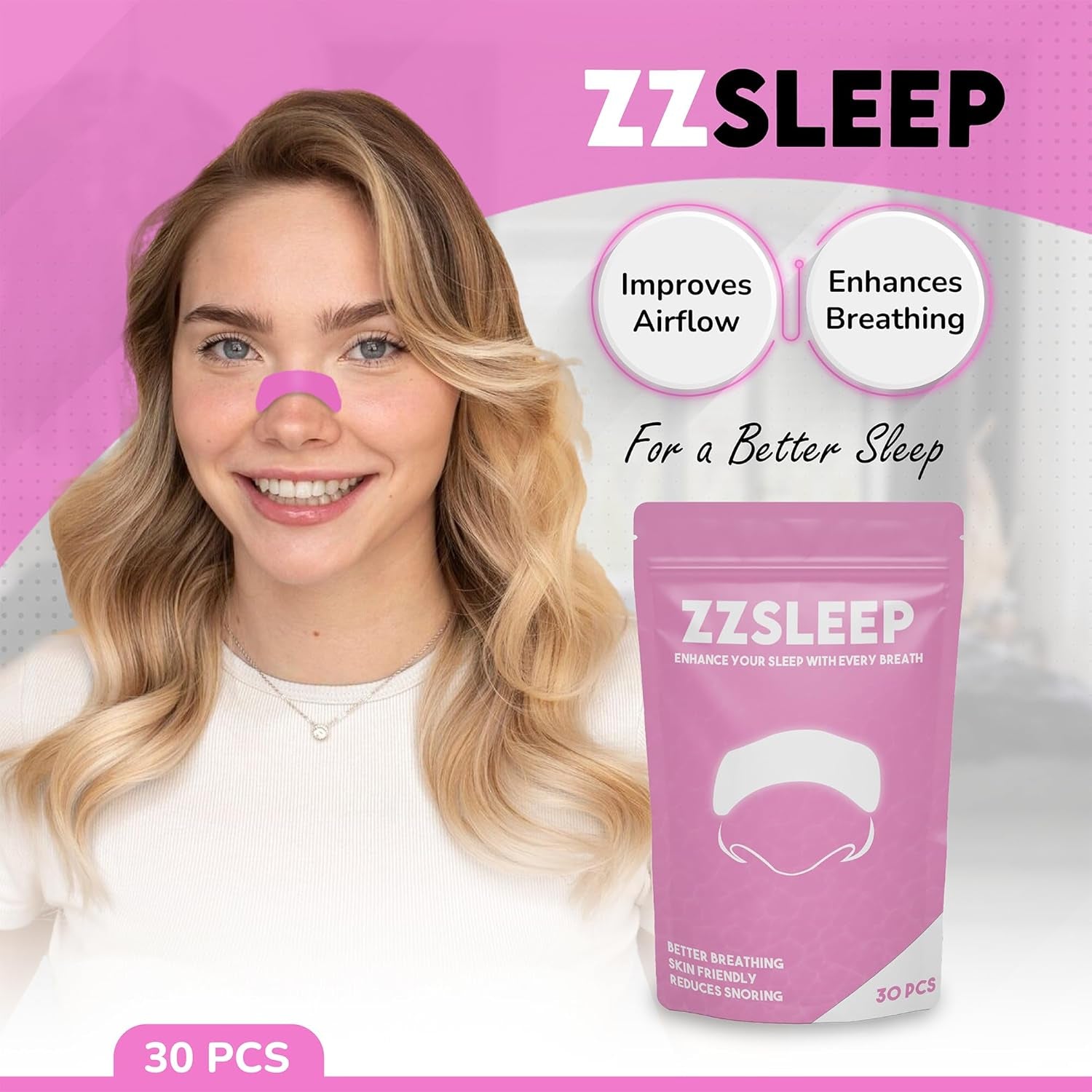 Pink Nasal Strips (30 Strips) – Extra-Strength for Better Sleep, Snoring Relief & Breathing – Ideal for Sports, Exercise & Nighttime – Skin-Friendly, Nasal Congestion Relief, Nose Tape