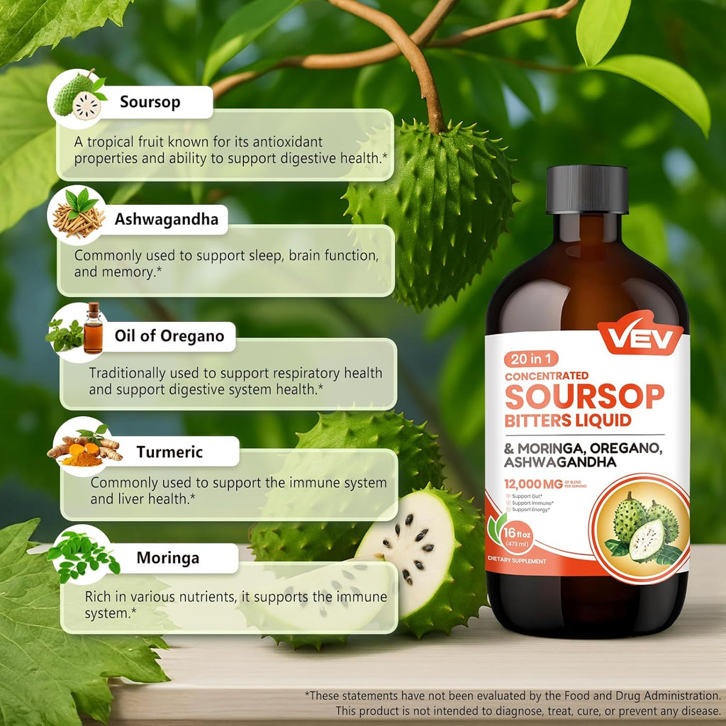 VEV Soursop Bitters Liquid, Graviola Extract Sugar-Free Formula, 20 in 1, with Black Seed, Moringa & Oregano, Digestive Health & Immune Function, Stress Relief, Sleep Support, Vegan -16 Oz