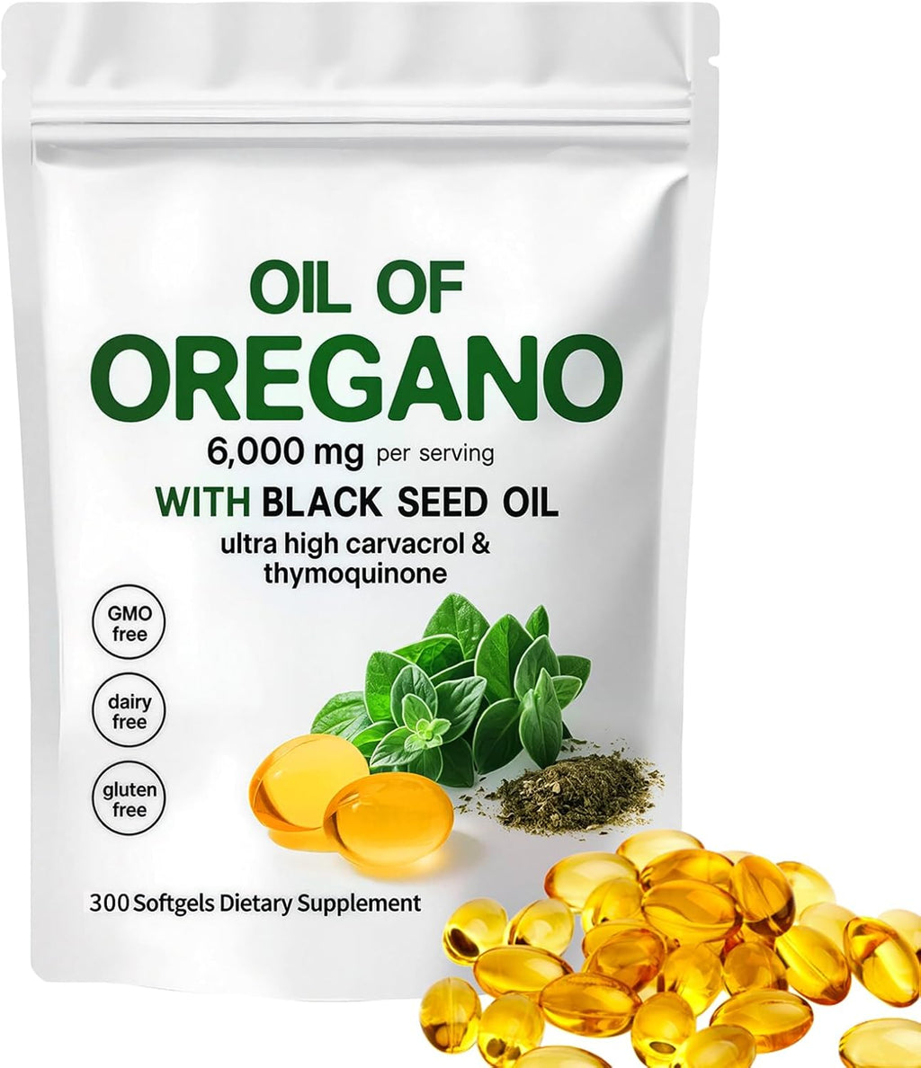 Oil of Oregano with Black Seed Oil,2-In-1 Oregano Oil Capsules Organic,6000Mg per Serving,300 Softgels,4X Strength Carvacrol & Thymoquinone,Non-Gmo,Gluten Free & Immune Support