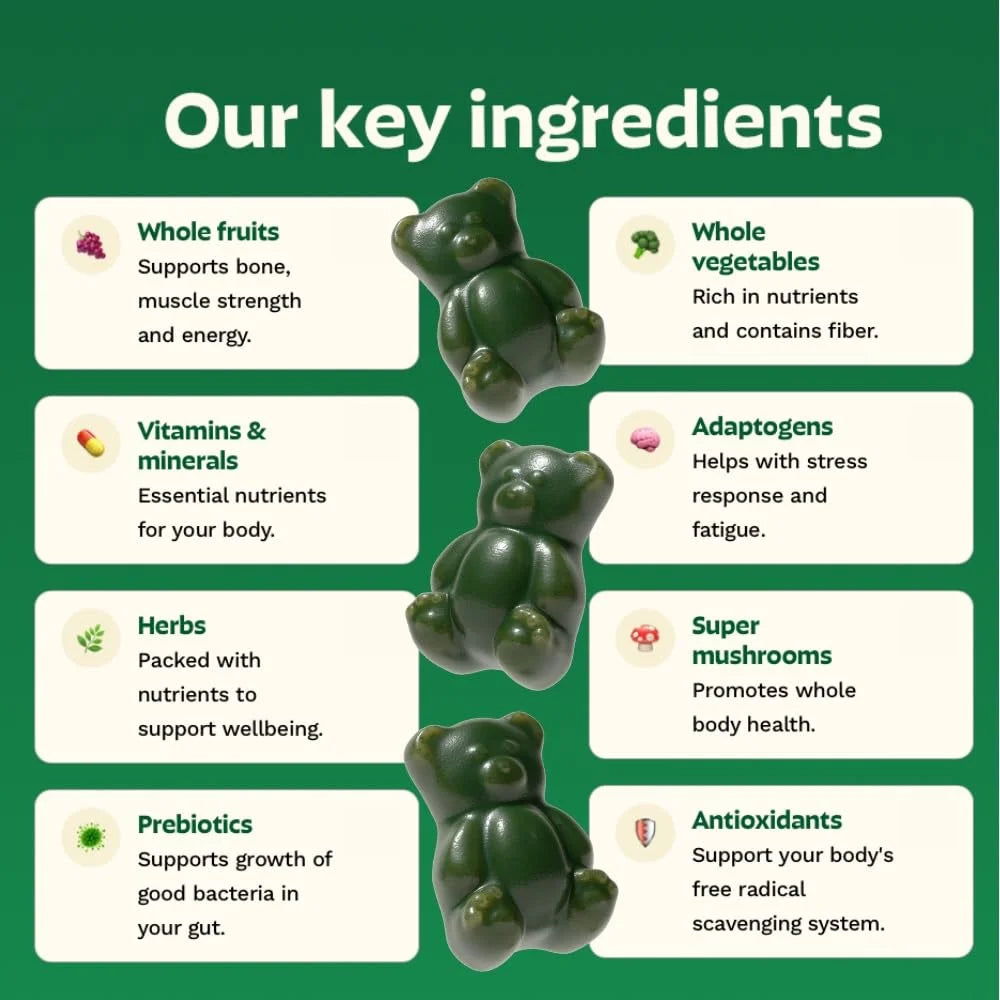 Grüns Daily Wellness Gummies | 60 Organic Ingredients & 21+ Vitamins | Gruns Vitamins with Prebiotics & Fiber | 12 Servings 