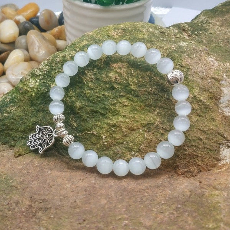 White Cat’S Eye Hamsa Bracelet