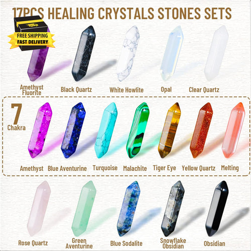 17Pcs Healing Crystals Stones Sets, Hexagonal Bullet Shaped Reiki Meditation Gem