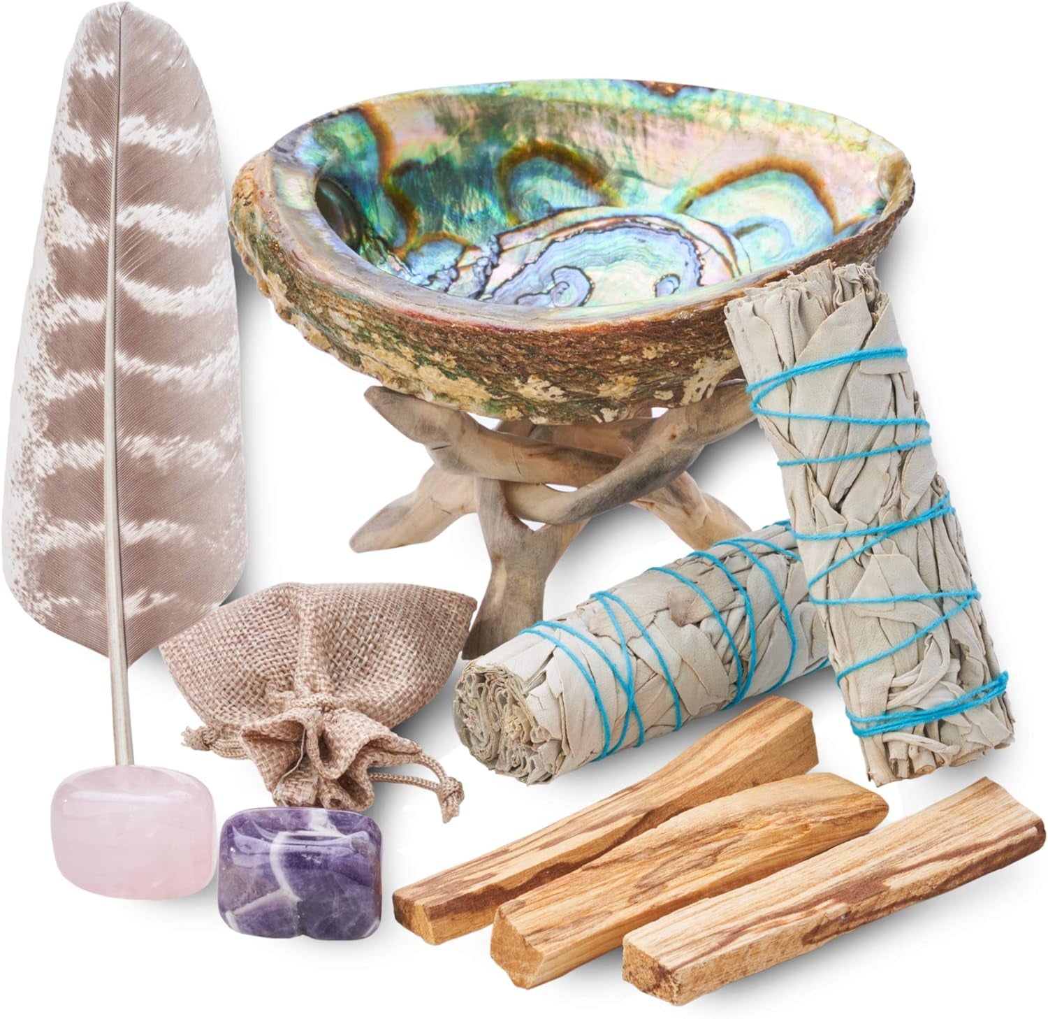 Home Cleansing & Smudging Kit with White Sage, Palo Santo, Abalone & Stand, Smudge Feather & Guide - Smudge Kit with Sage Smudge Sticks
