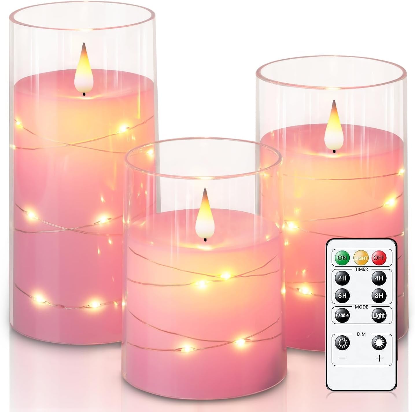 Flickering Flameless Candles with String Lights, Battery Operated Candles, Embedded String Lights LED Candles, Unbreakable Plexiglass Candle with Remote, Set of 3, Pink