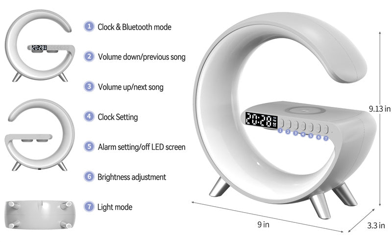 G-Shaped LED Atmosphere Lamp with Bluetooth Speaker & 15W Wireless Charger | App Control | Bedroom Night Light