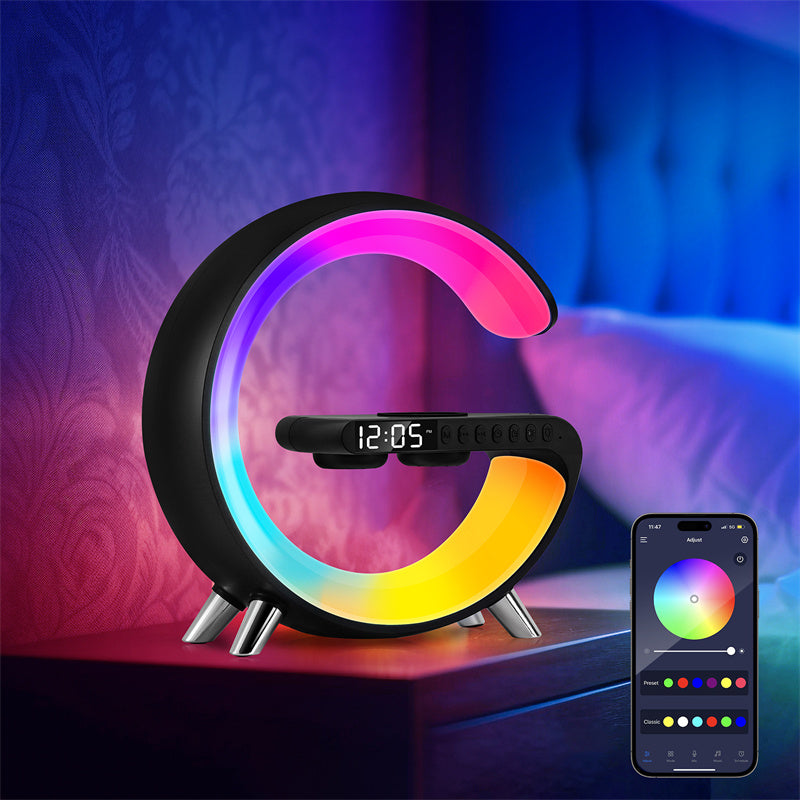 G-Shaped LED Atmosphere Lamp with Bluetooth Speaker & 15W Wireless Charger | App Control | Bedroom Night Light
