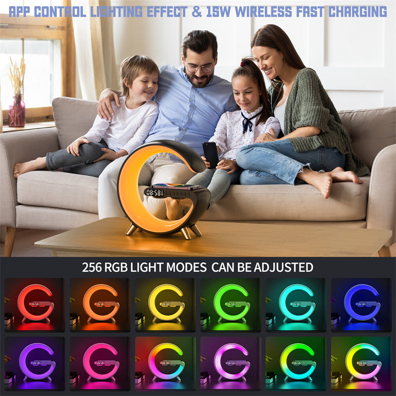 G-Shaped LED Atmosphere Lamp with Bluetooth Speaker & 15W Wireless Charger | App Control | Bedroom Night Light