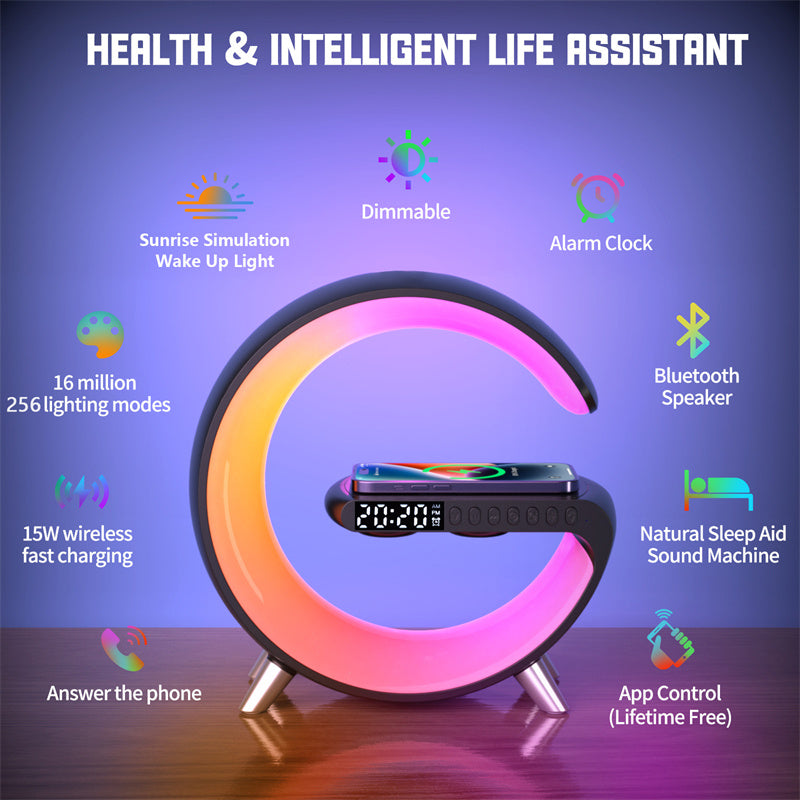 G-Shaped LED Atmosphere Lamp with Bluetooth Speaker & 15W Wireless Charger | App Control | Bedroom Night Light