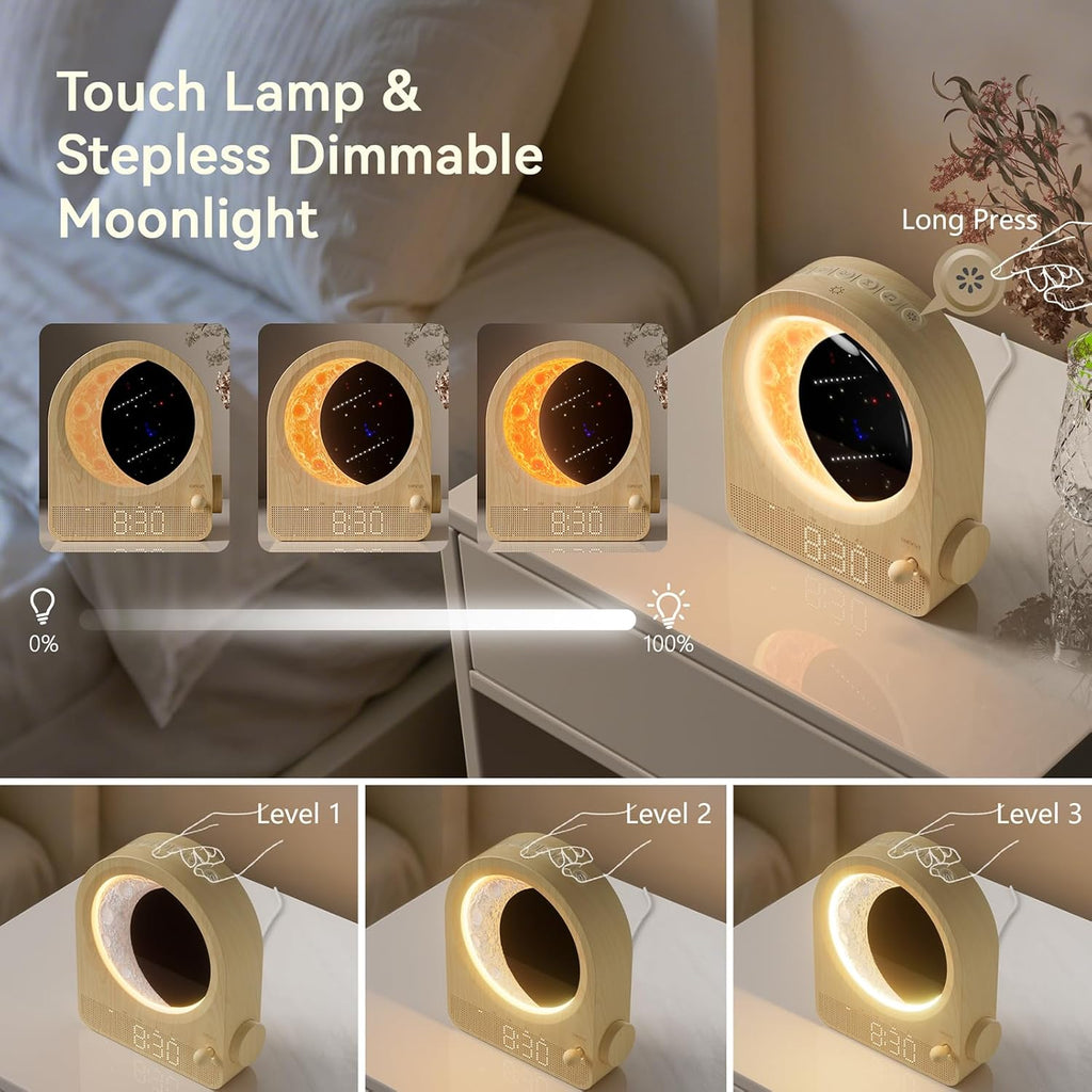 Blonbar Sunrise Alarm Clocks for Bedrooms, Stepless Dimmable Moon Lamp Dual Alarm Clock with 12Levels Volume for Heavy Sleepers, 10 Natural Sounds with 30/60/90Mins Timer, Gifts for Women