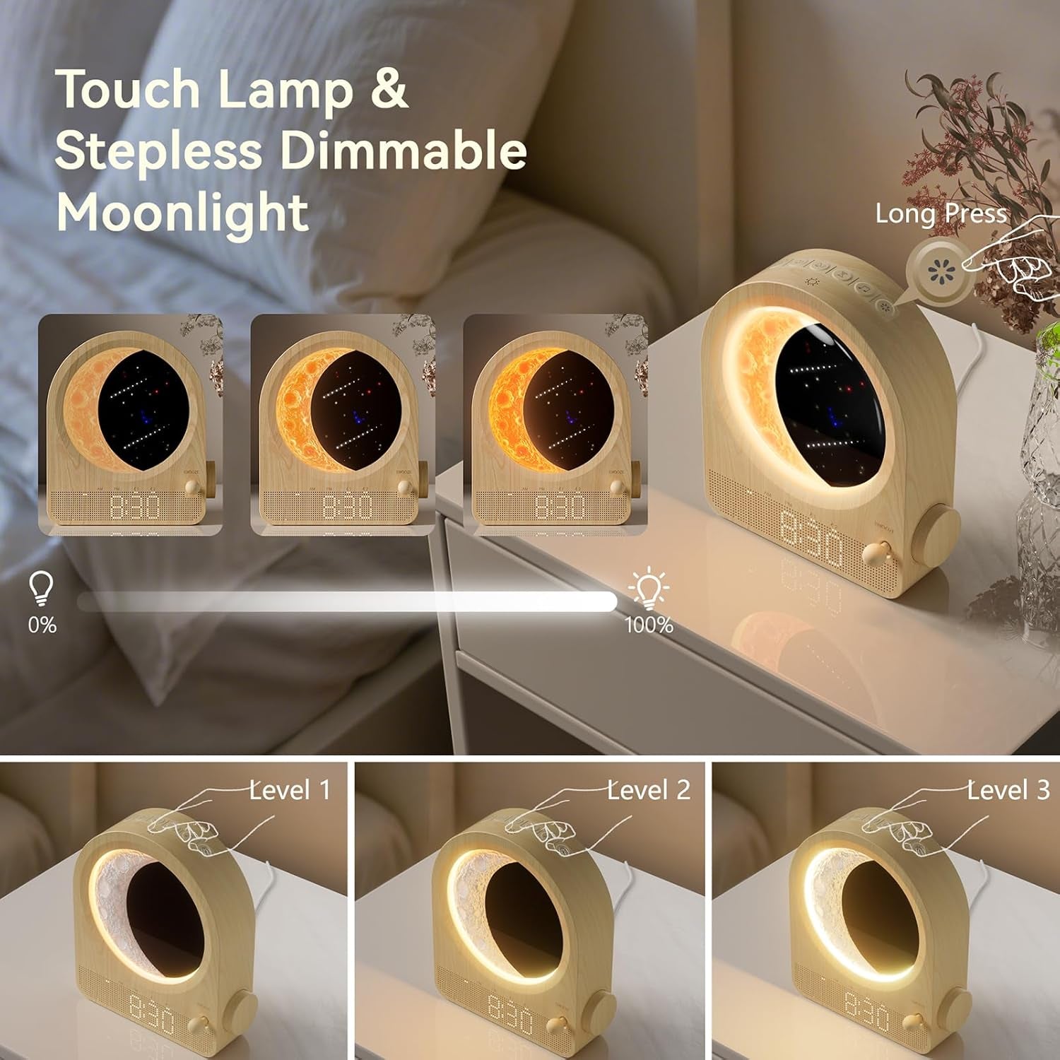 Blonbar Sunrise Alarm Clocks for Bedrooms, Stepless Dimmable Moon Lamp Dual Alarm Clock with 12Levels Volume for Heavy Sleepers, 10 Natural Sounds with 30/60/90Mins Timer, Gifts for Women
