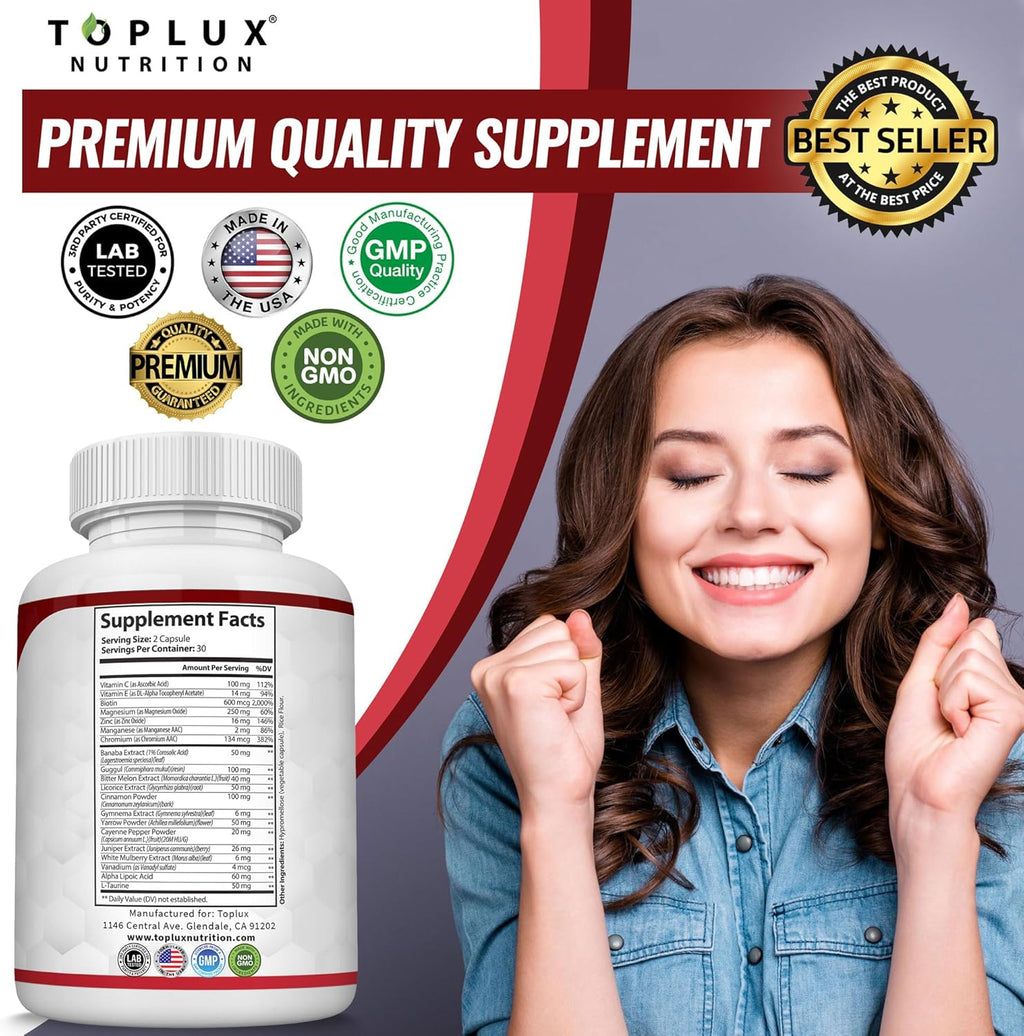 Blood Sugar Complex Supplement - Supports Healthy Blood Sugar Levels Already within Normal Range All Natural with Cinnamon, Bitter Melon, Chromium, Mulberry, Alpha Lipoic Acid, Non-Gmo, 60 Capsules