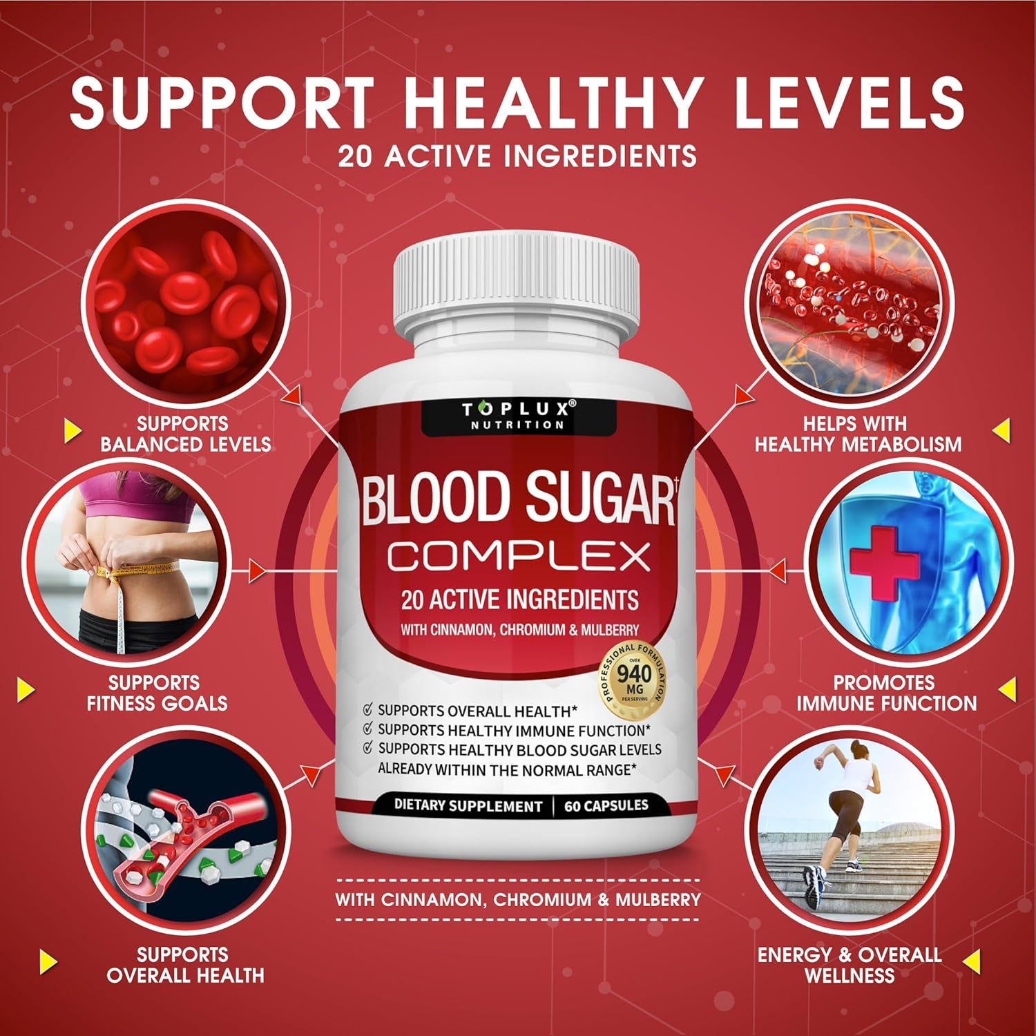 Blood Sugar Complex Supplement - Supports Healthy Blood Sugar Levels Already within Normal Range All Natural with Cinnamon, Bitter Melon, Chromium, Mulberry, Alpha Lipoic Acid, Non-Gmo, 60 Capsules