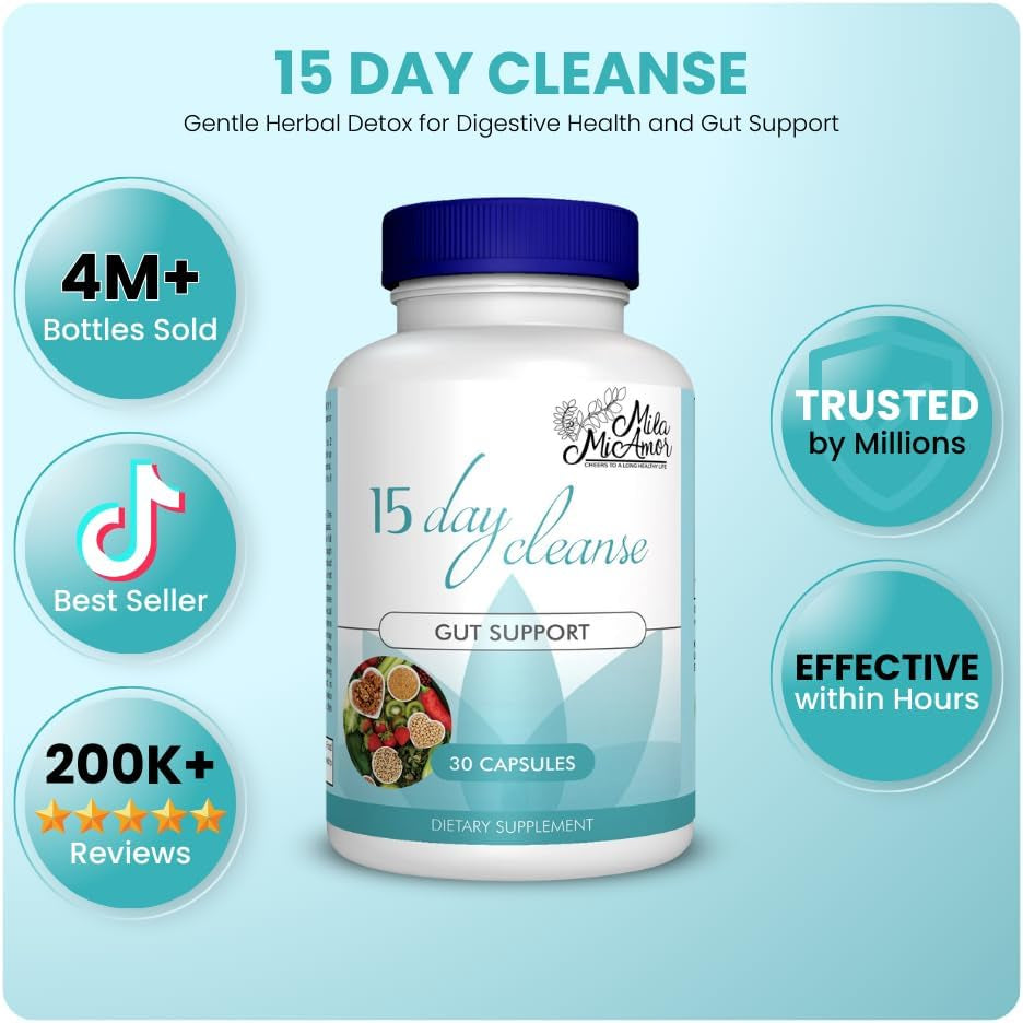 15 Day Cleanse - Gut and Colon Support - Advanced Gut Cleanse Detox for Women & Men with Senna, Cascara Sagrada & Psyllium Husk - Non-Gmo - Made in USA - 30 Capsules