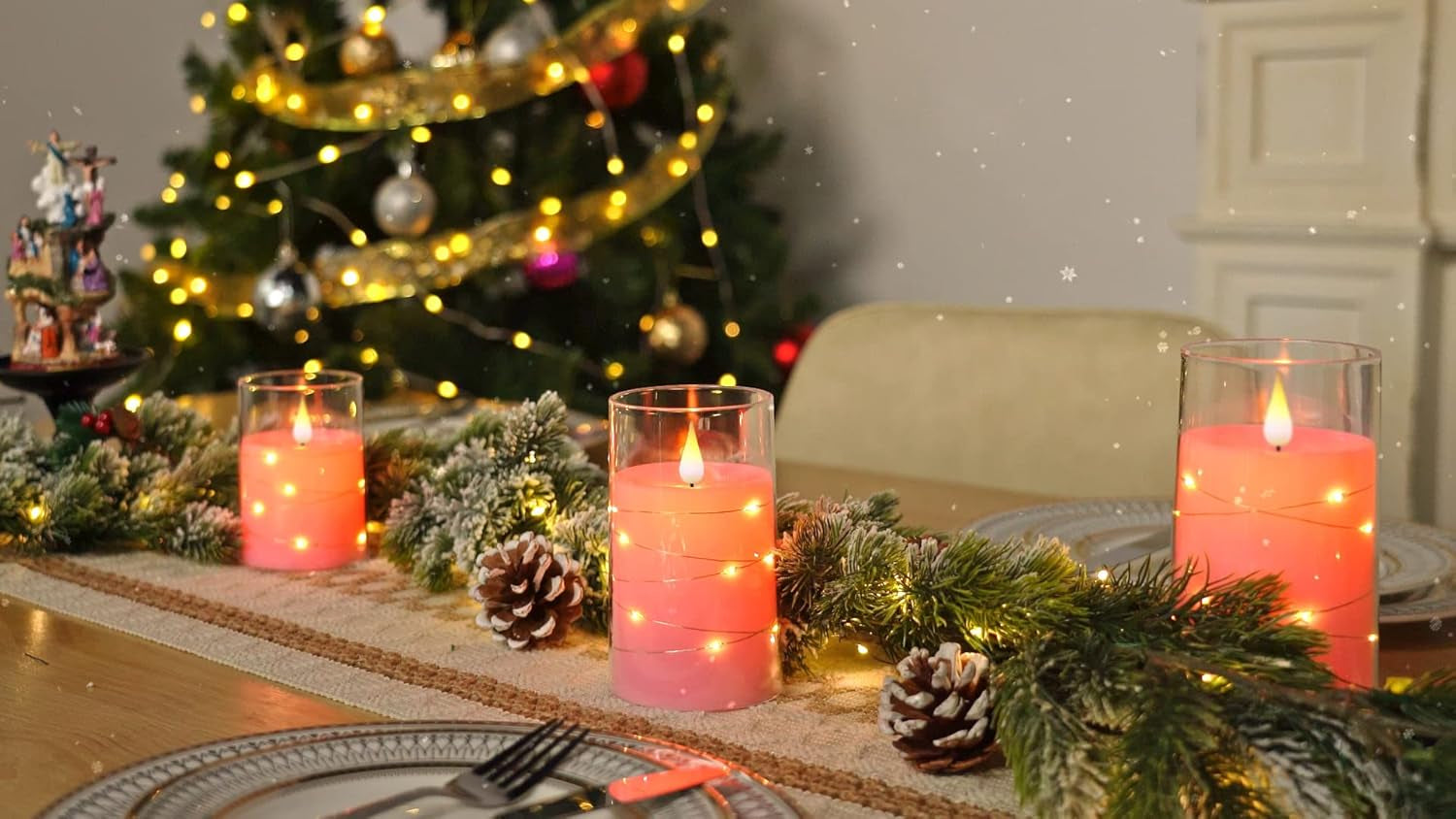 Flickering Flameless Candles with String Lights, Battery Operated Candles, Embedded String Lights LED Candles, Unbreakable Plexiglass Candle with Remote, Set of 3, Pink