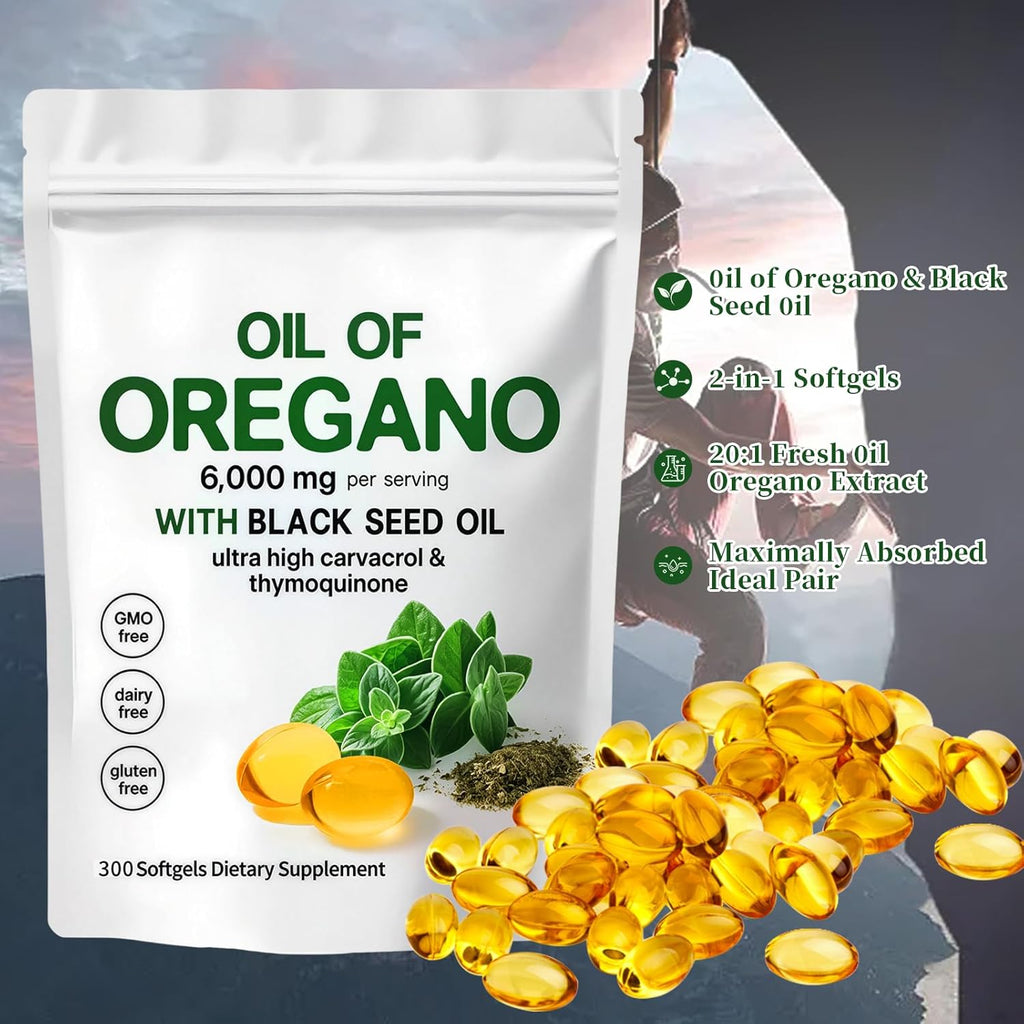 Oil of Oregano with Black Seed Oil,2-In-1 Oregano Oil Capsules Organic,6000Mg per Serving,300 Softgels,4X Strength Carvacrol & Thymoquinone,Non-Gmo,Gluten Free & Immune Support