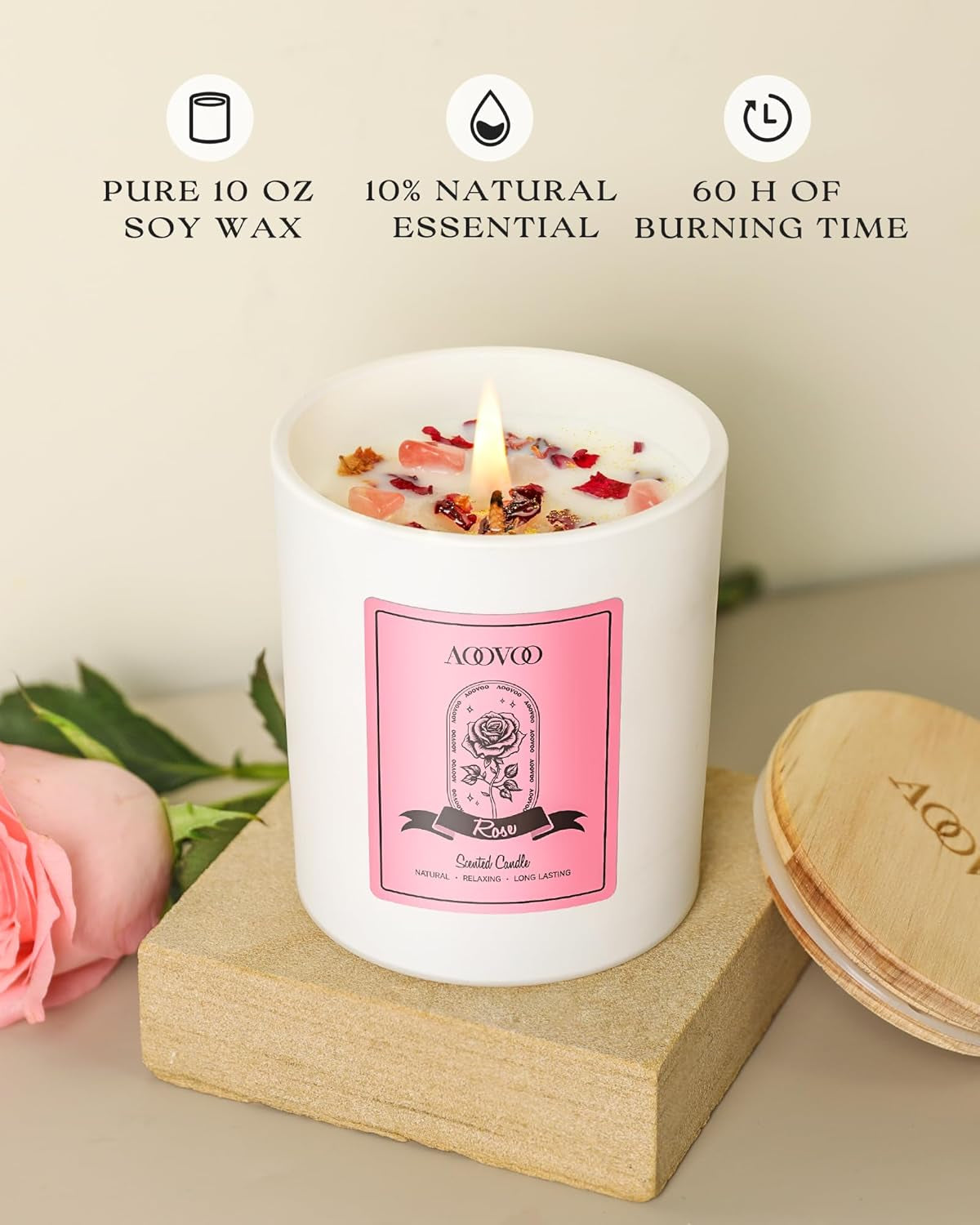 Rose Scented Candles for Women - Aromatherapy Candle with Crystals Inside, 10Oz Soy Candles for Home Scented, Birthday Gifts Christmas Candle for Mom Women