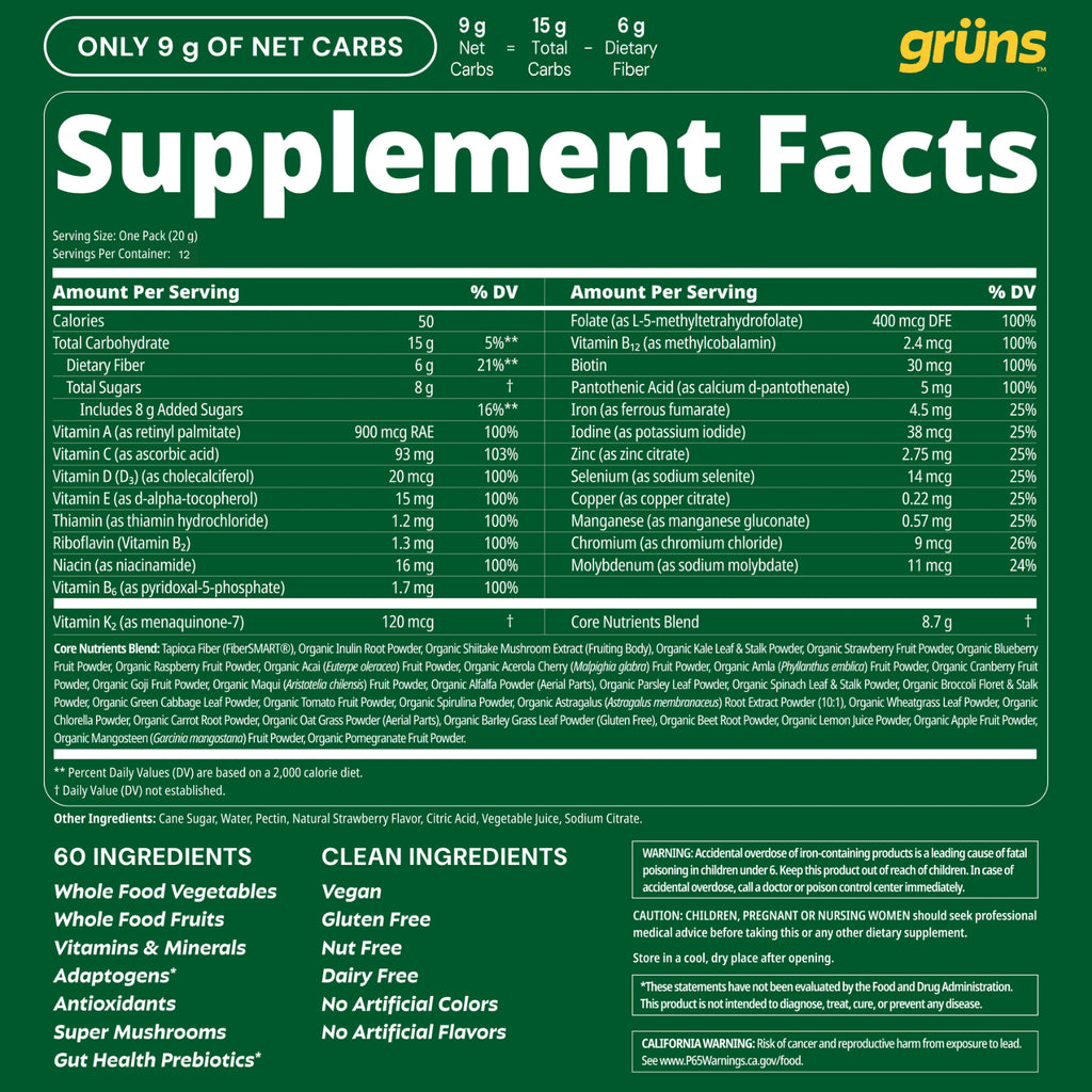 Grüns Daily Wellness Gummies | 60 Organic Ingredients & 21+ Vitamins | Gruns Vitamins with Prebiotics & Fiber | 12 Servings 