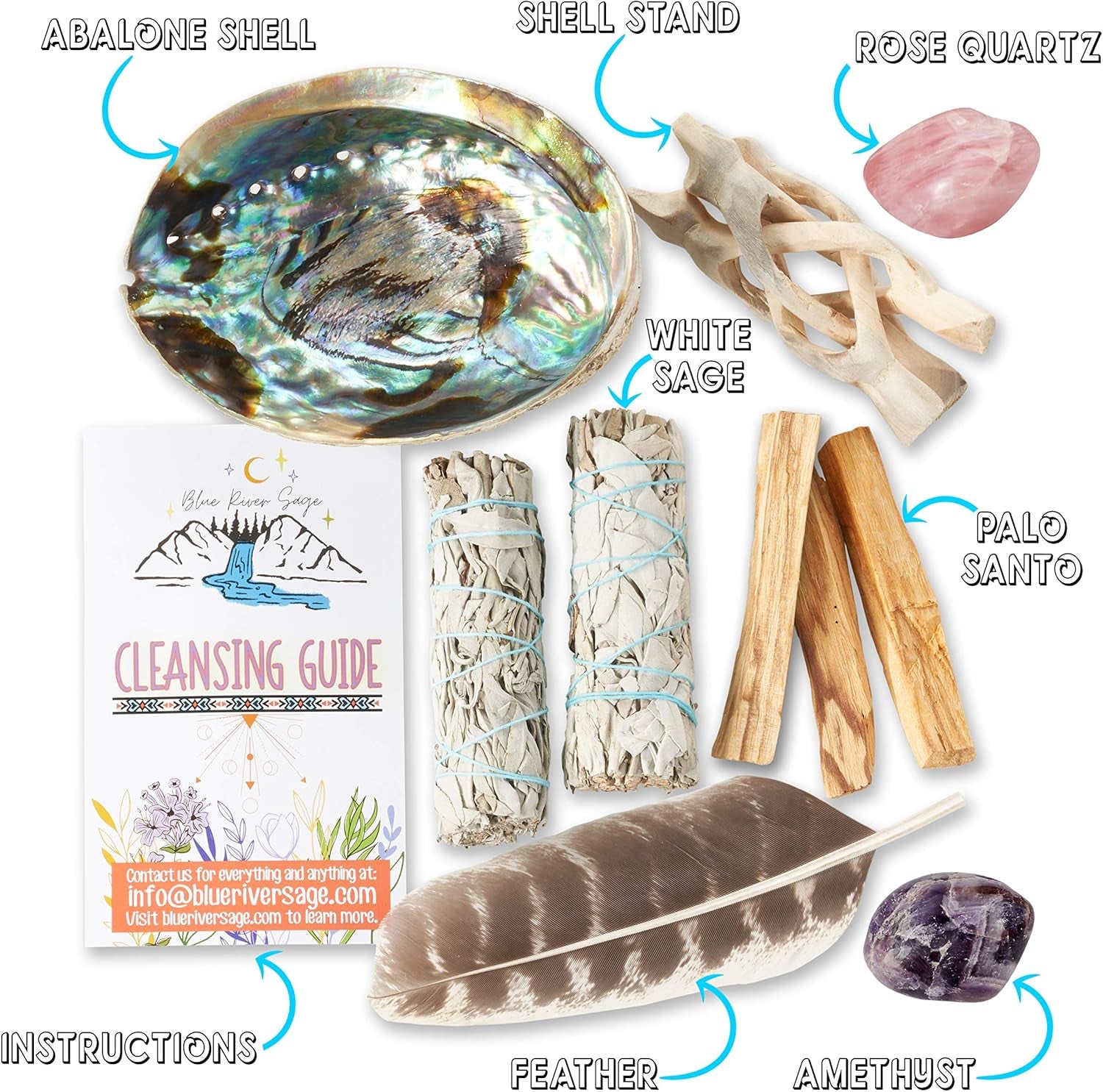 Home Cleansing & Smudging Kit with White Sage, Palo Santo, Abalone & Stand, Smudge Feather & Guide - Smudge Kit with Sage Smudge Sticks