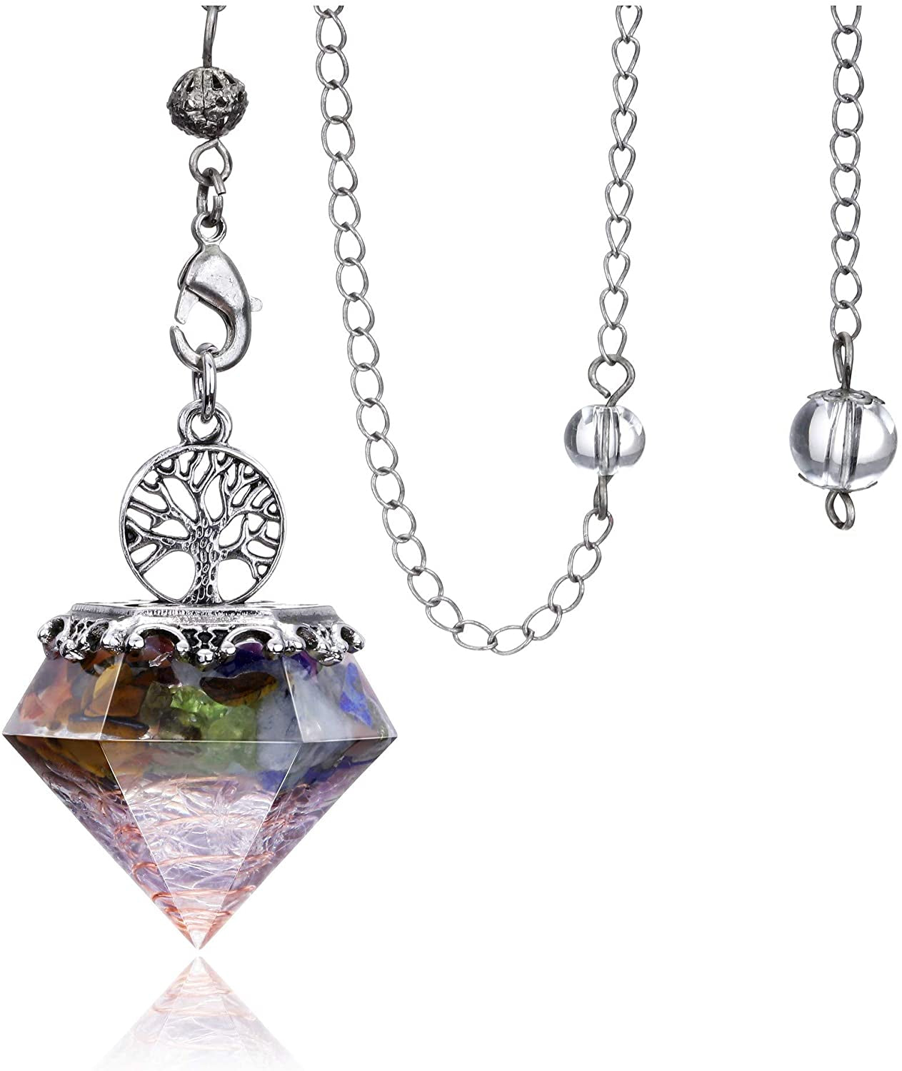 7 Chakra Crystal Dowsing Pendulum Reiki Life Tree 6 Faceted Pointed Pendulum Scrying Dowser for Divination, Meditation, Wicca
