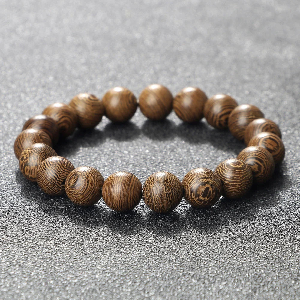 Handmade Unisex 12 Beads Natural Bubinga Wood Prayer Beads Link Wrist Meditation Star Ring Circumstellar Decompression Bracelet Rosary Mala Necklace Chain for Men Women