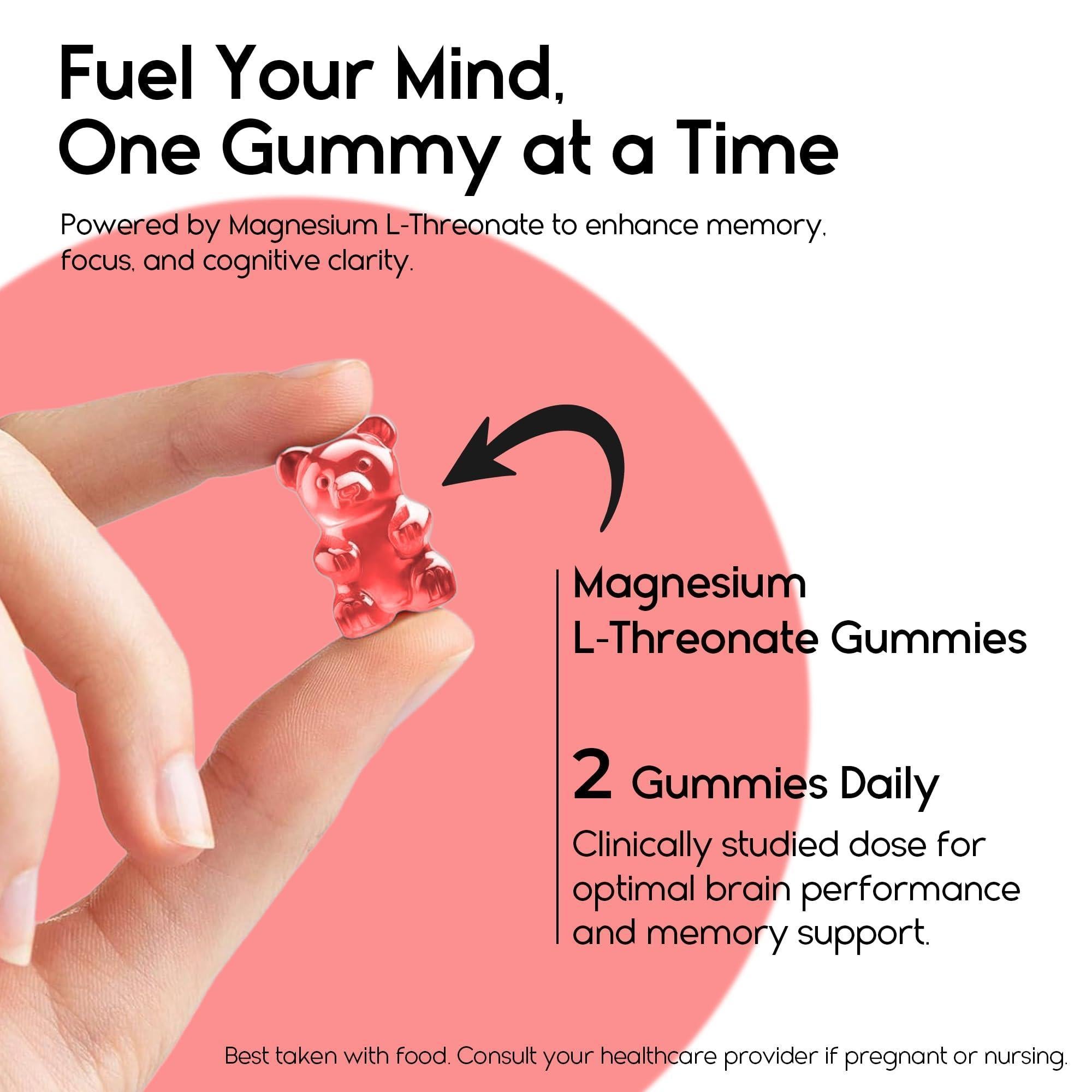 Magnesium L Threonate Gummies for Adults Kids 2000Mg Brain Supplements for Memory and Focus Calm Magnesium Gummies for Improved Sleep and Healthy Mind 60 Count Strawberry