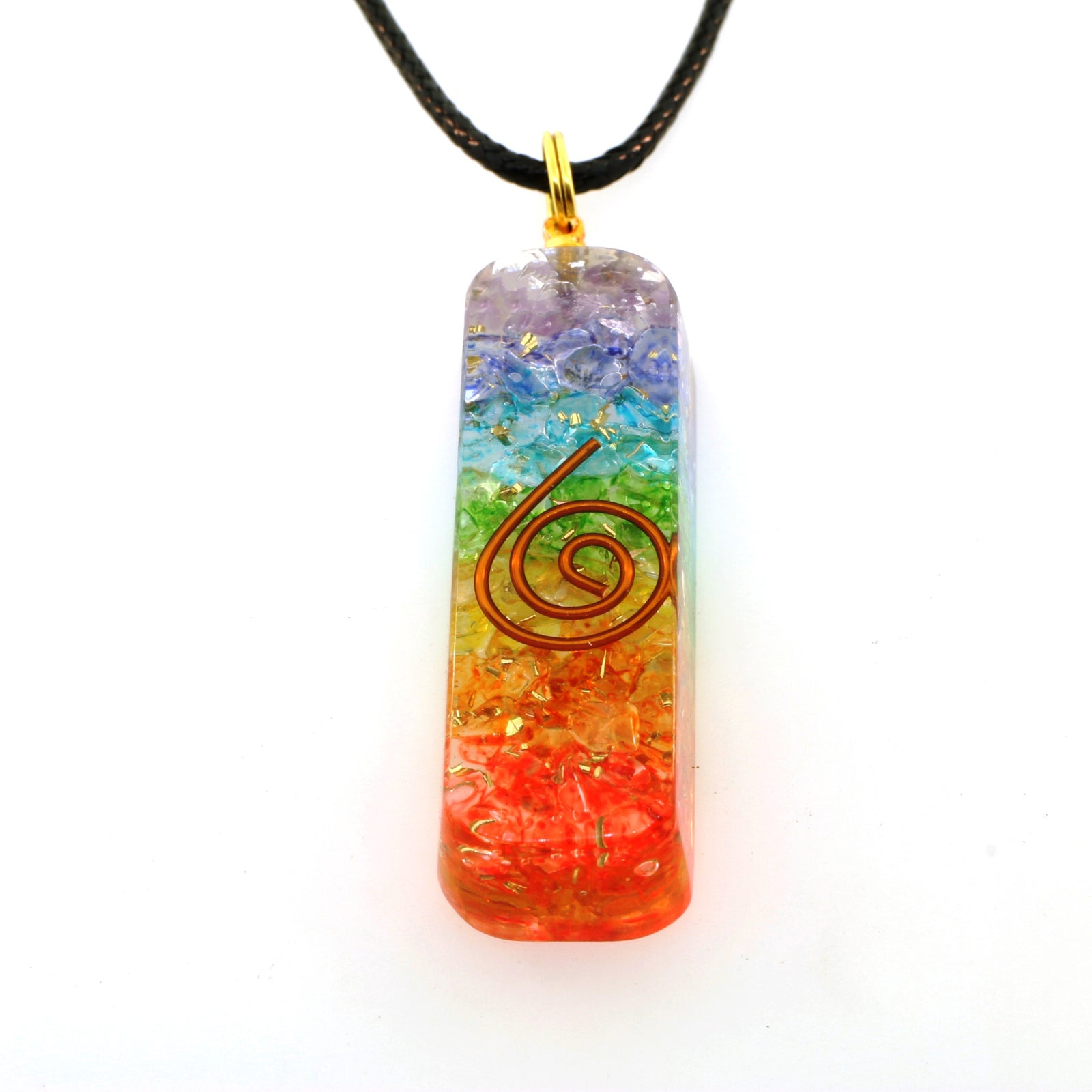 7 Chakra Rainbow Layered Orgone Pendant + Cord Necklace EMF and 5G Protection
