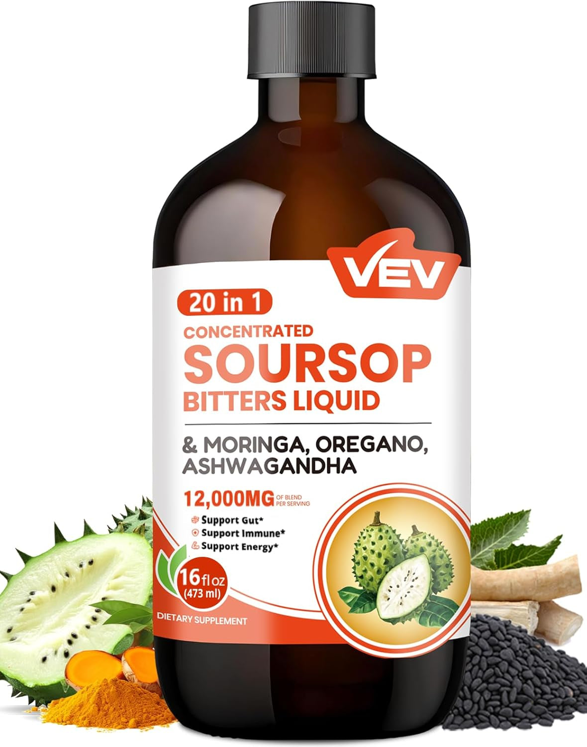 VEV Soursop Bitters Liquid, Graviola Extract Sugar-Free Formula, 20 in 1, with Black Seed, Moringa & Oregano, Digestive Health & Immune Function, Stress Relief, Sleep Support, Vegan -16 Oz