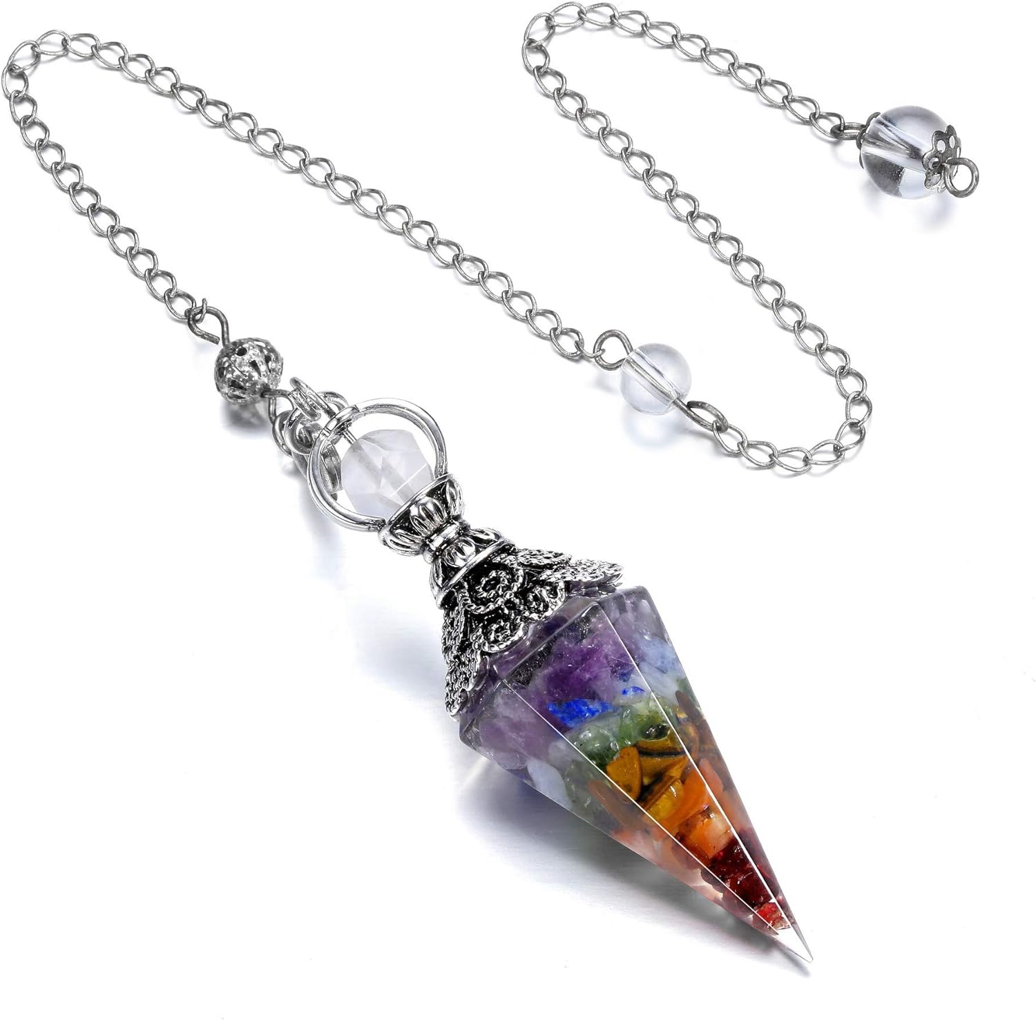 Natural 7 Chakra Healing Crystal Dowsing Pendulum Reiki Gemstone Chips Orgone Pendulum 6 Faceted Hexagonal Pointed Resin Spiritual Pendant for Divination, Wicca, Energy Balancing