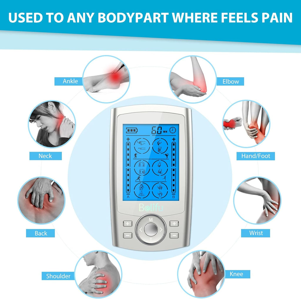 Dual Channel TENS EMS Unit 24 Modes Muscle Stimulator for Pain Relief Therapy, Electronic Pulse Massager Muscle Massager with 10 Pads, Dust-Proof Drawstring Storage Bag, Fastening Cable Ties
