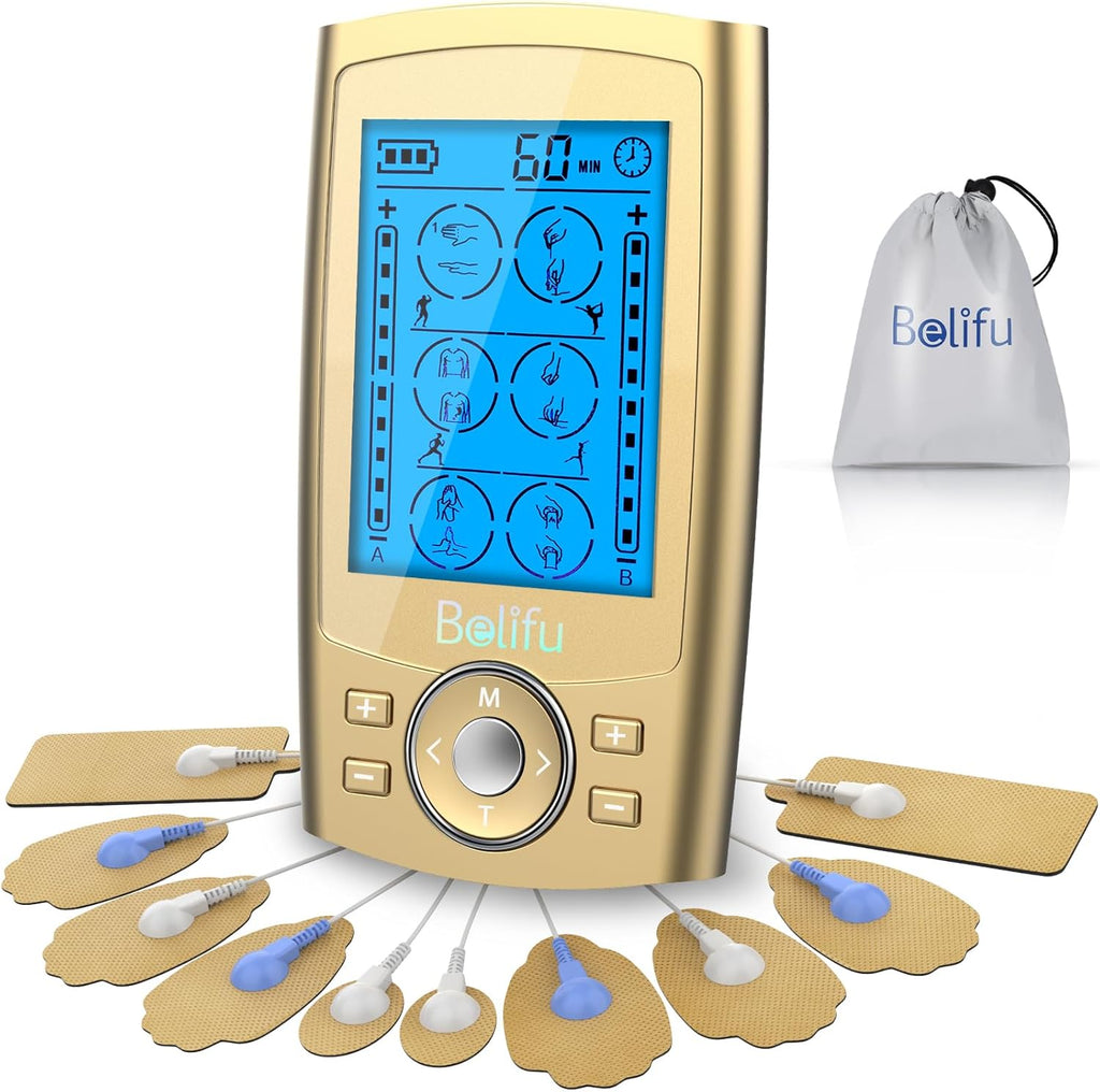 Dual Channel TENS EMS Unit 24 Modes Muscle Stimulator for Pain Relief Therapy, Electronic Pulse Massager Muscle Massager with 10 Pads, Dust-Proof Drawstring Storage Bag, Fastening Cable Ties