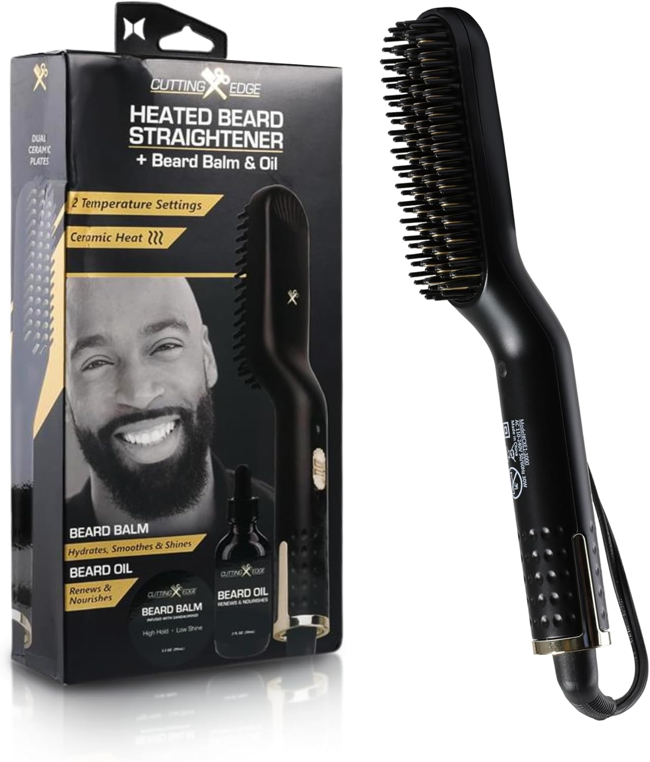 Cutting Edge Heated Beard Straightener Brush for Men, Includes Beard Oil & Beard Balm, Ceramic Heated Brush, Auto Shutoff, Beard Straightening Hot Comb Tool for Men