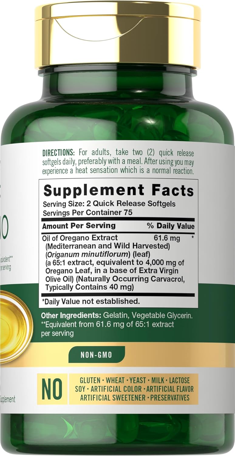 Oregano Oil 4000Mg Supplement | 150 Softgel Capsules | Contains Carvacrol | Non-Gmo & Gluten Free Formula