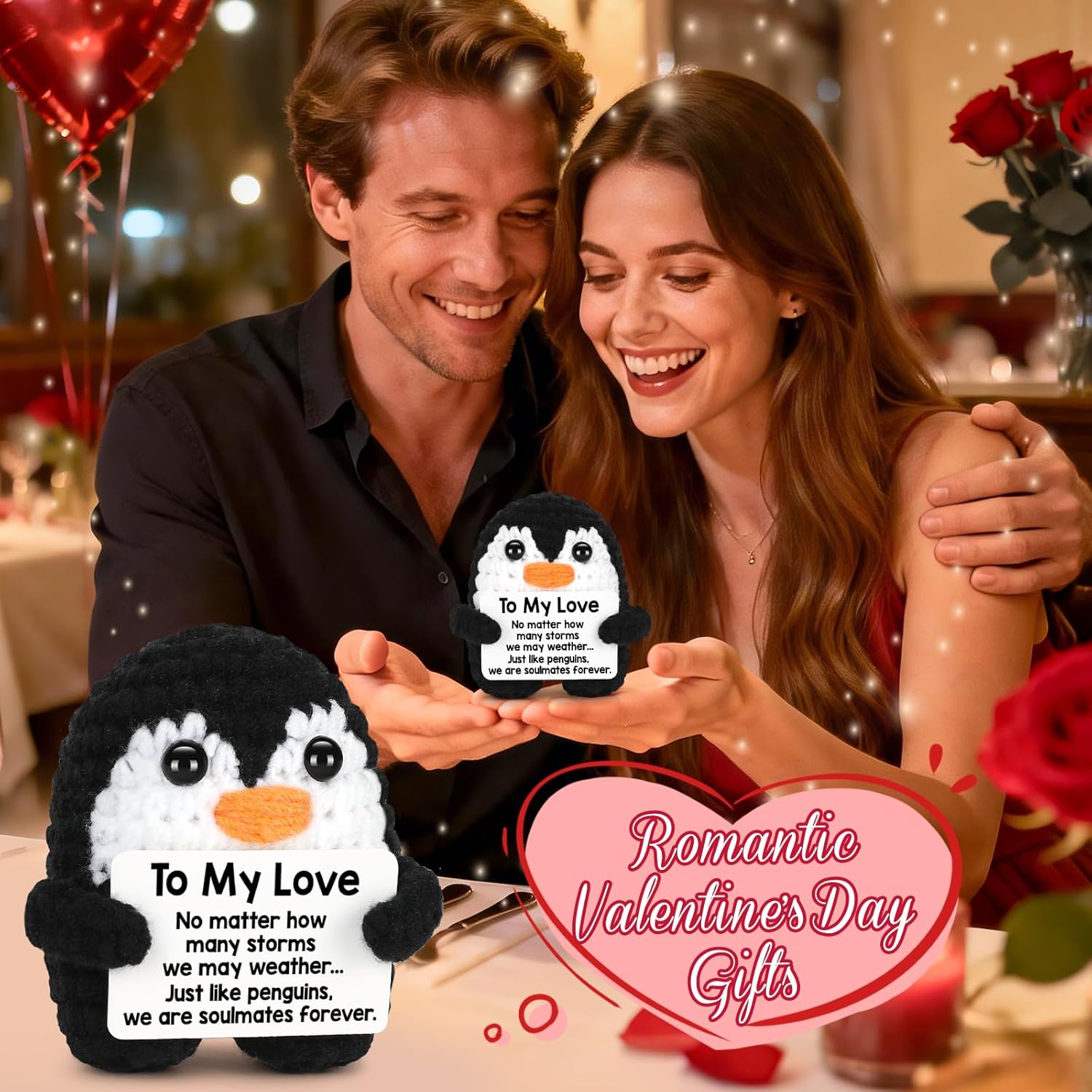 Valentines Day Gifts for Him Her, to My Love Handmade Crochet Penguin Wedding Anniversary Birthday Gift for Boyfriend Girlfriend Wife Husband, Romantic I Love You Valentines Gift for Women Men Couple