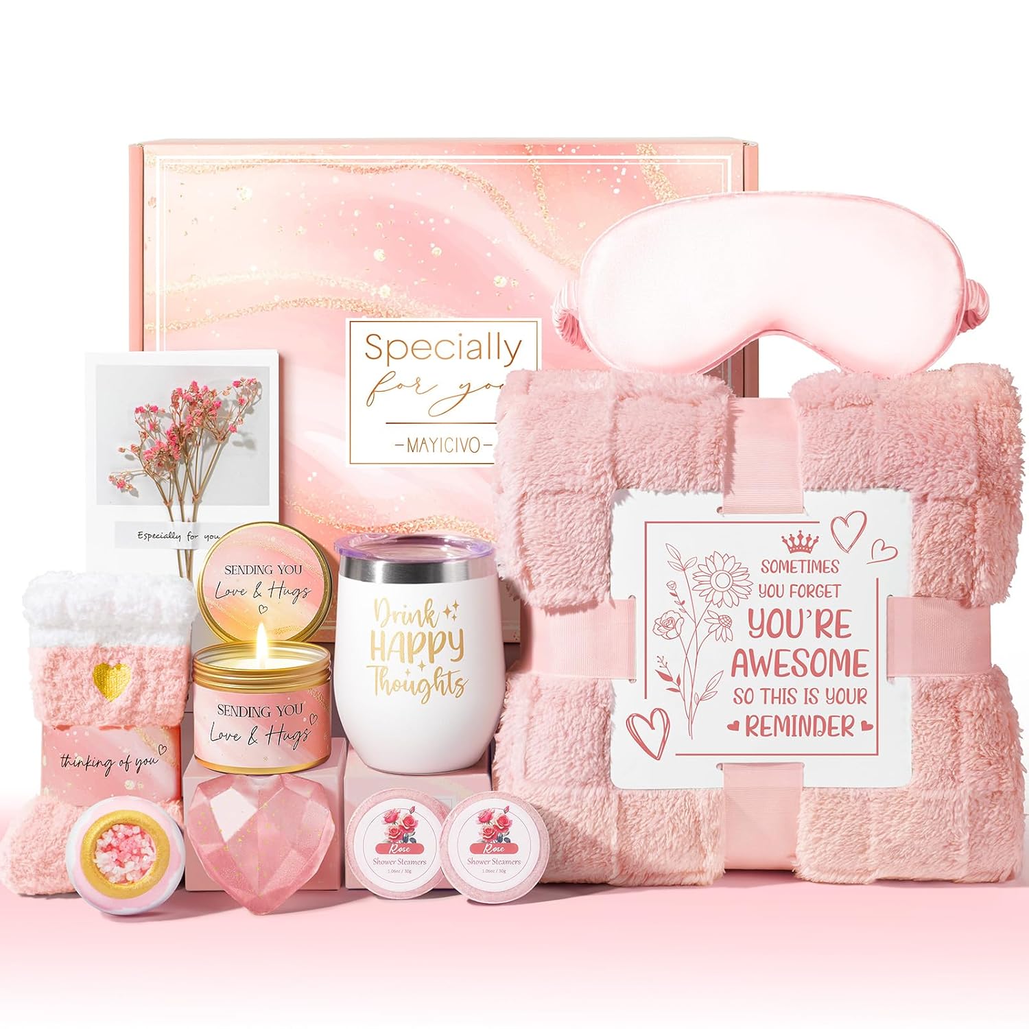 Mothers Day Birthday Gifts for Women, Self Care Get Well Soon Gift Baskets for Women, Rose Relaxing Spa Gifts Care Package with Blanket, Unique Gift Baskets for Mom Her Wife Girlfriend Friend Sister