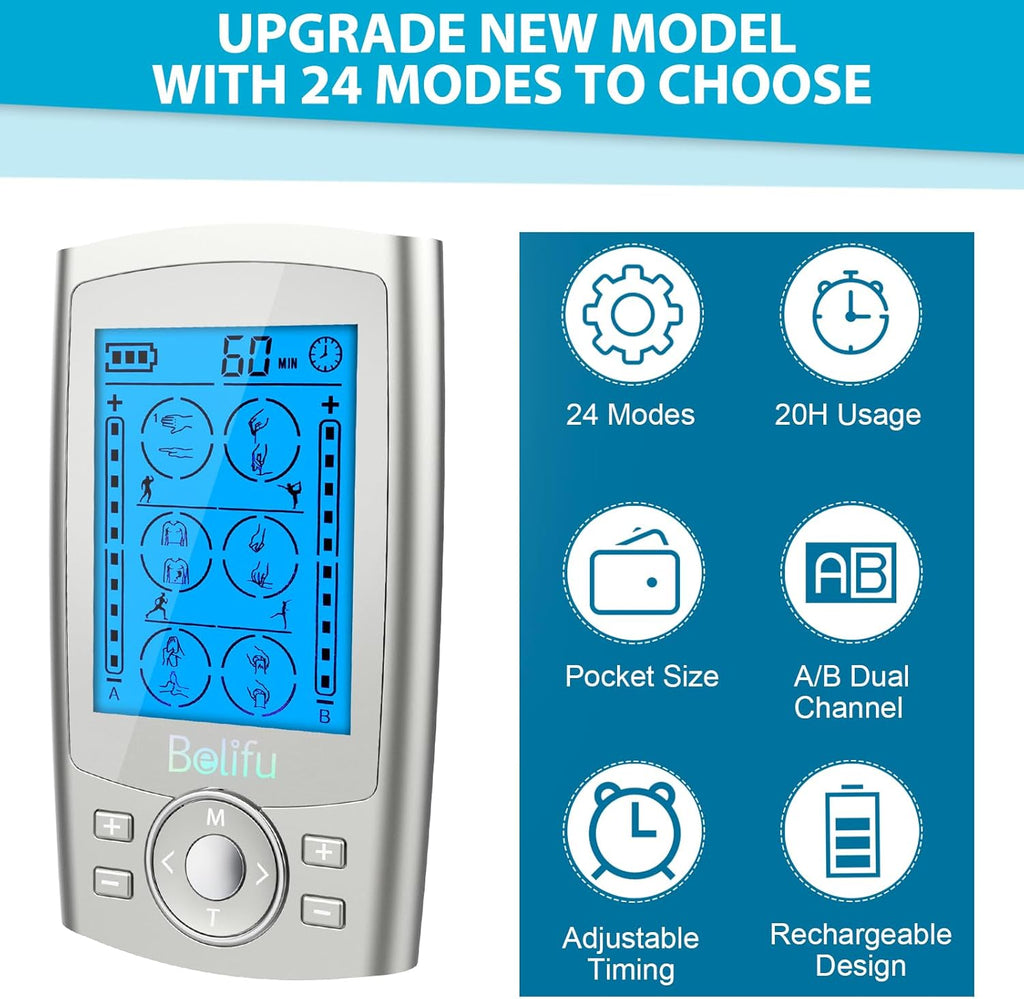 Dual Channel TENS EMS Unit 24 Modes Muscle Stimulator for Pain Relief Therapy, Electronic Pulse Massager Muscle Massager with 10 Pads, Dust-Proof Drawstring Storage Bag, Fastening Cable Ties