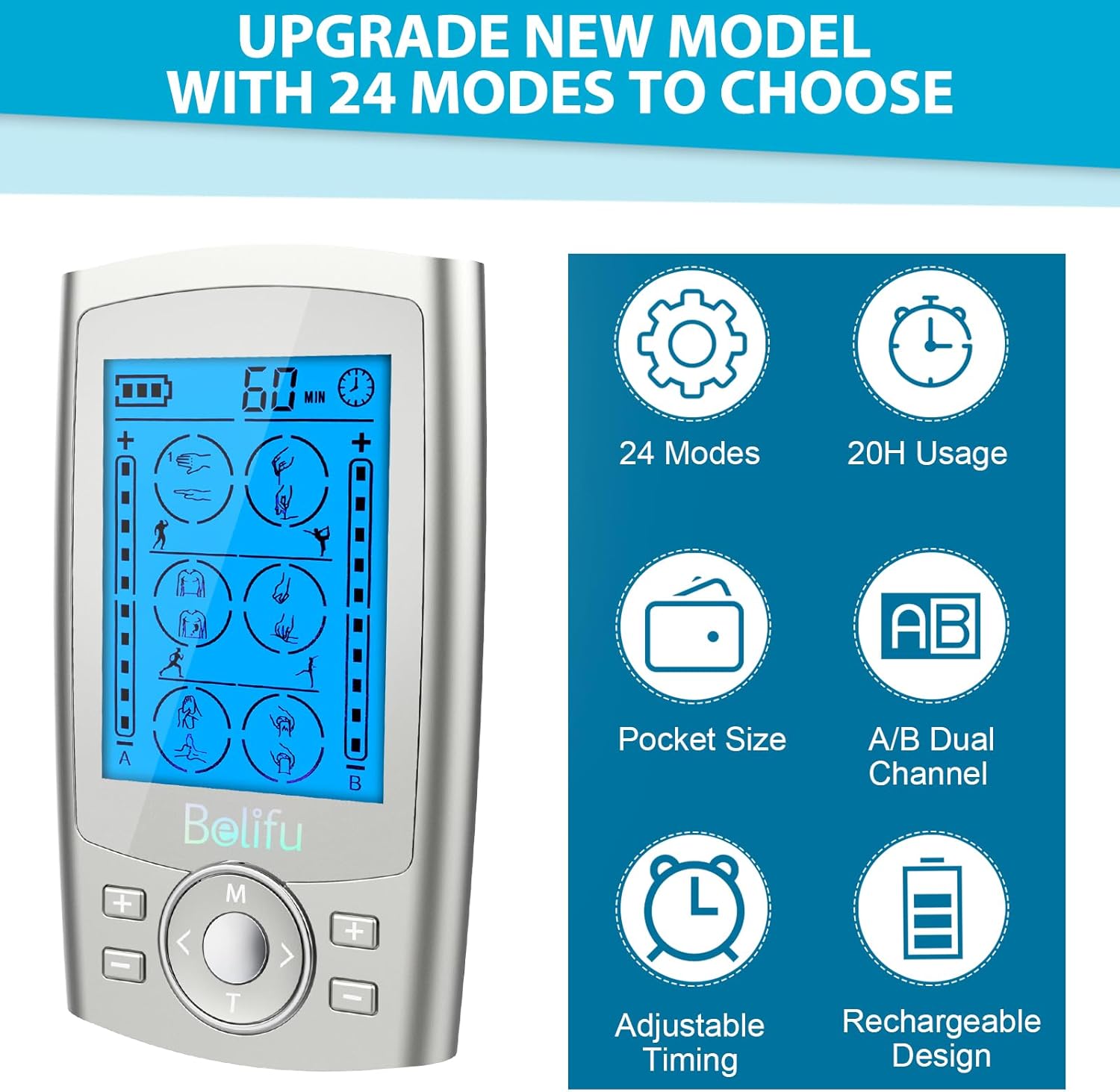 Dual Channel TENS EMS Unit 24 Modes Muscle Stimulator for Pain Relief Therapy, Electronic Pulse Massager Muscle Massager with 10 Pads, Dust-Proof Drawstring Storage Bag, Fastening Cable Ties