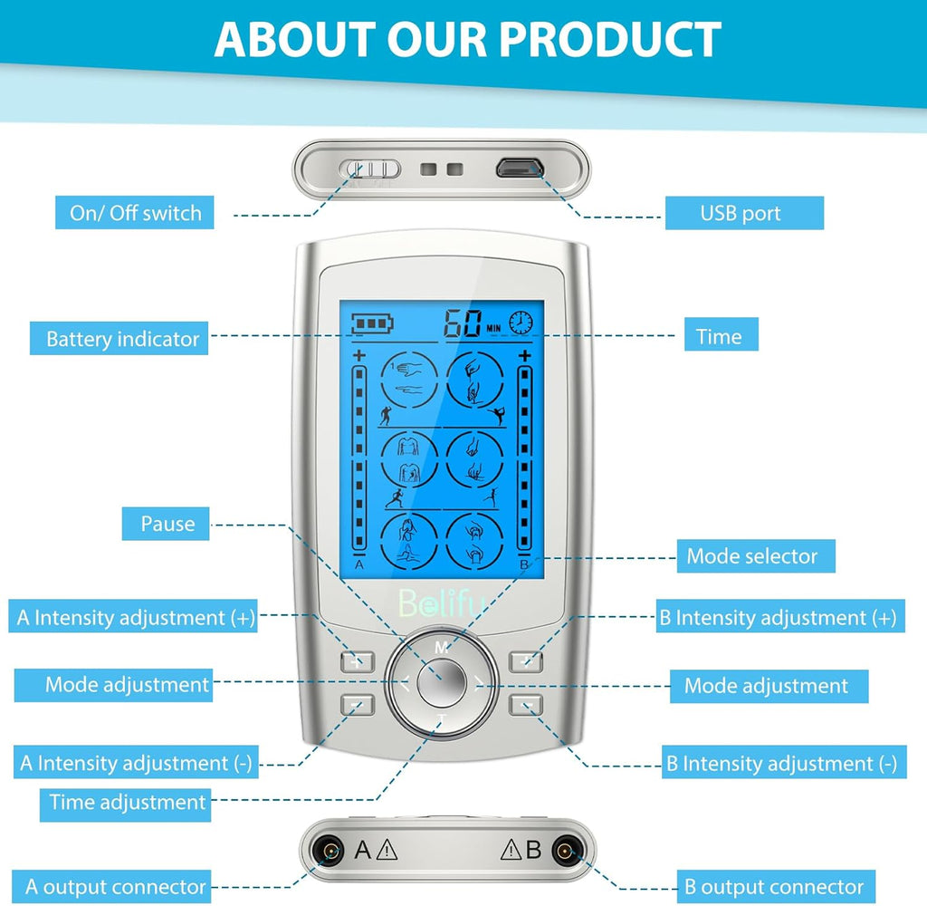 Dual Channel TENS EMS Unit 24 Modes Muscle Stimulator for Pain Relief Therapy, Electronic Pulse Massager Muscle Massager with 10 Pads, Dust-Proof Drawstring Storage Bag, Fastening Cable Ties