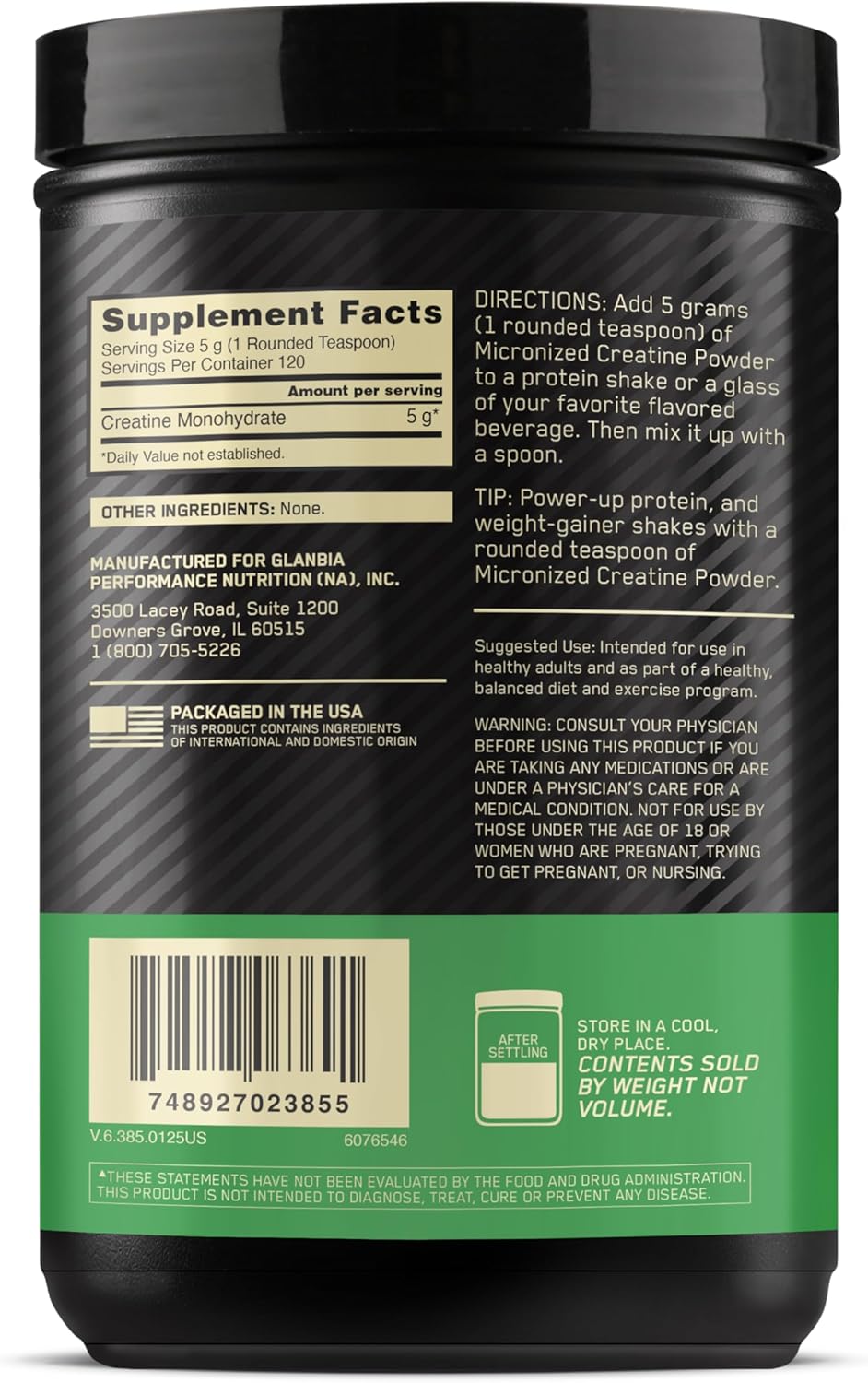 Optimum Nutrition Micronized Creatine Monohydrate Powder, Unflavored, 60 Servings, 300 Grams