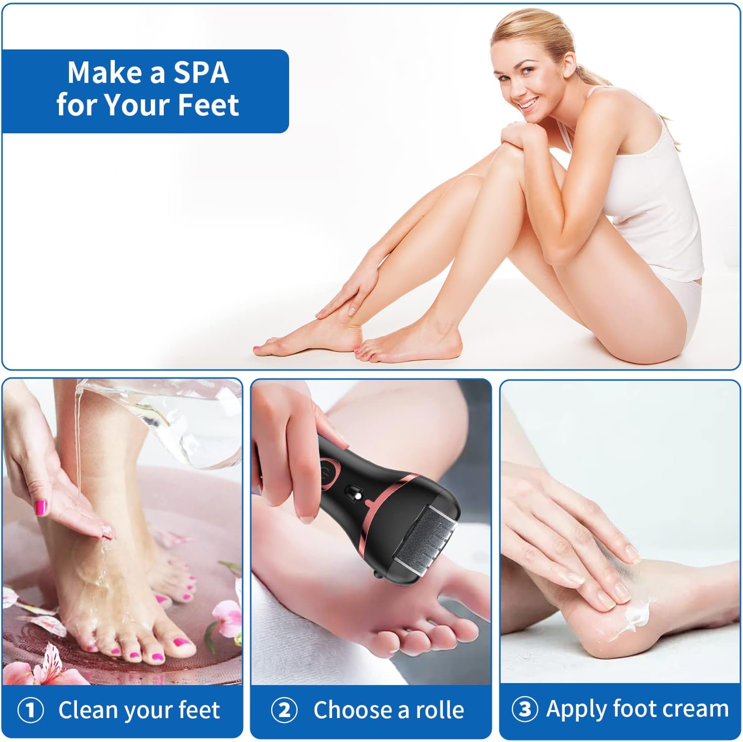 Electric Foot Callus Remover, Rechargeable Portable Electronic Foot File Pedicure Kits, Waterproof Foot Scrubber File, Professional Pedicure Tools, Foot Care for Dead Skin Ideal Gift, 3 Rollers