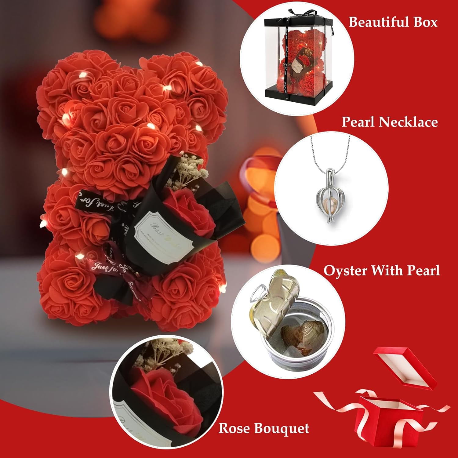Romantic Valentine'S Day Gift for Her Artificial Flower Rose Teddy Bear with Preserved Flowers Bouquet and Blind Box Pearl Necklace Birthday Gift for Wife Girlfriend Mom Women Mothers Day Home Decor