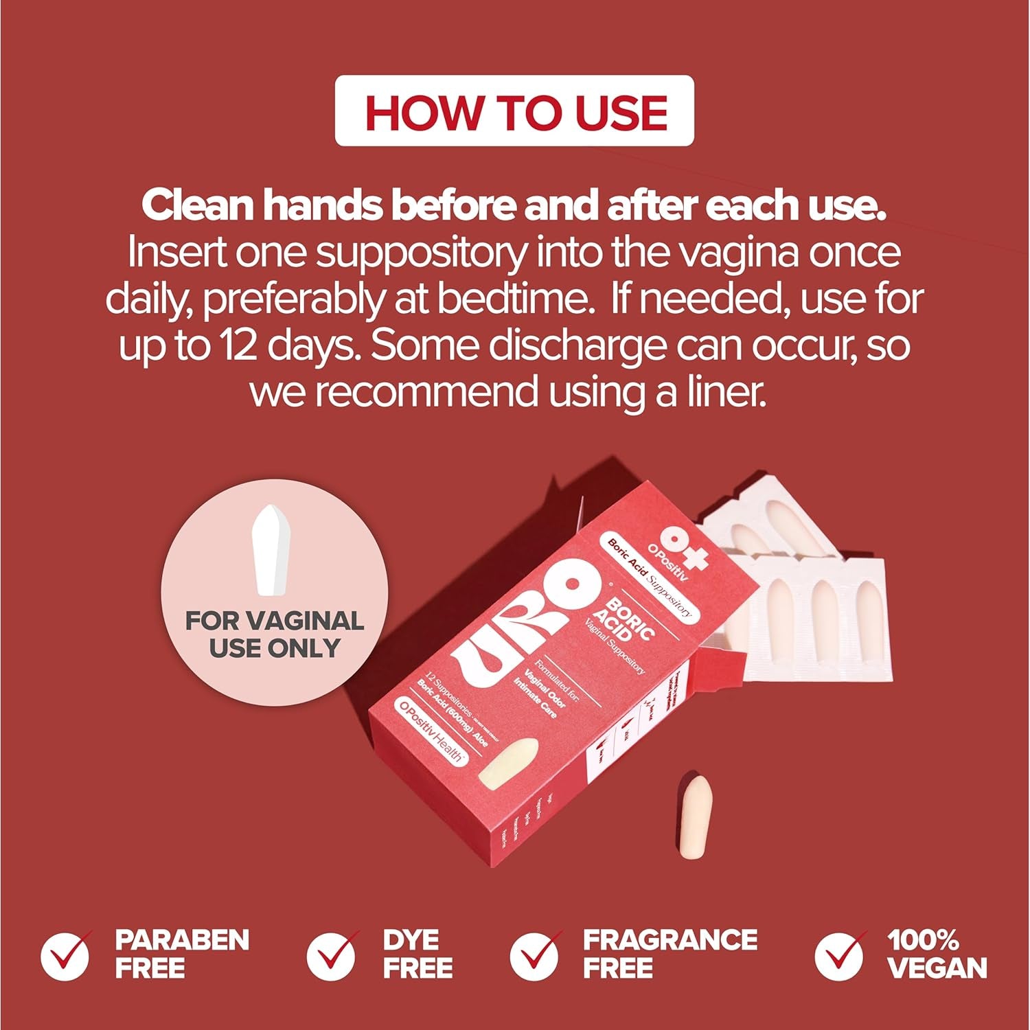 URO Boric Acid Vaginal Suppository – with Lactic Acid, and Aloe for Fast Relief and Vaginal Odor Control – Vegan, Free from Parabens, Dyes, and Fragrances – 12 Count (Pack of 1)